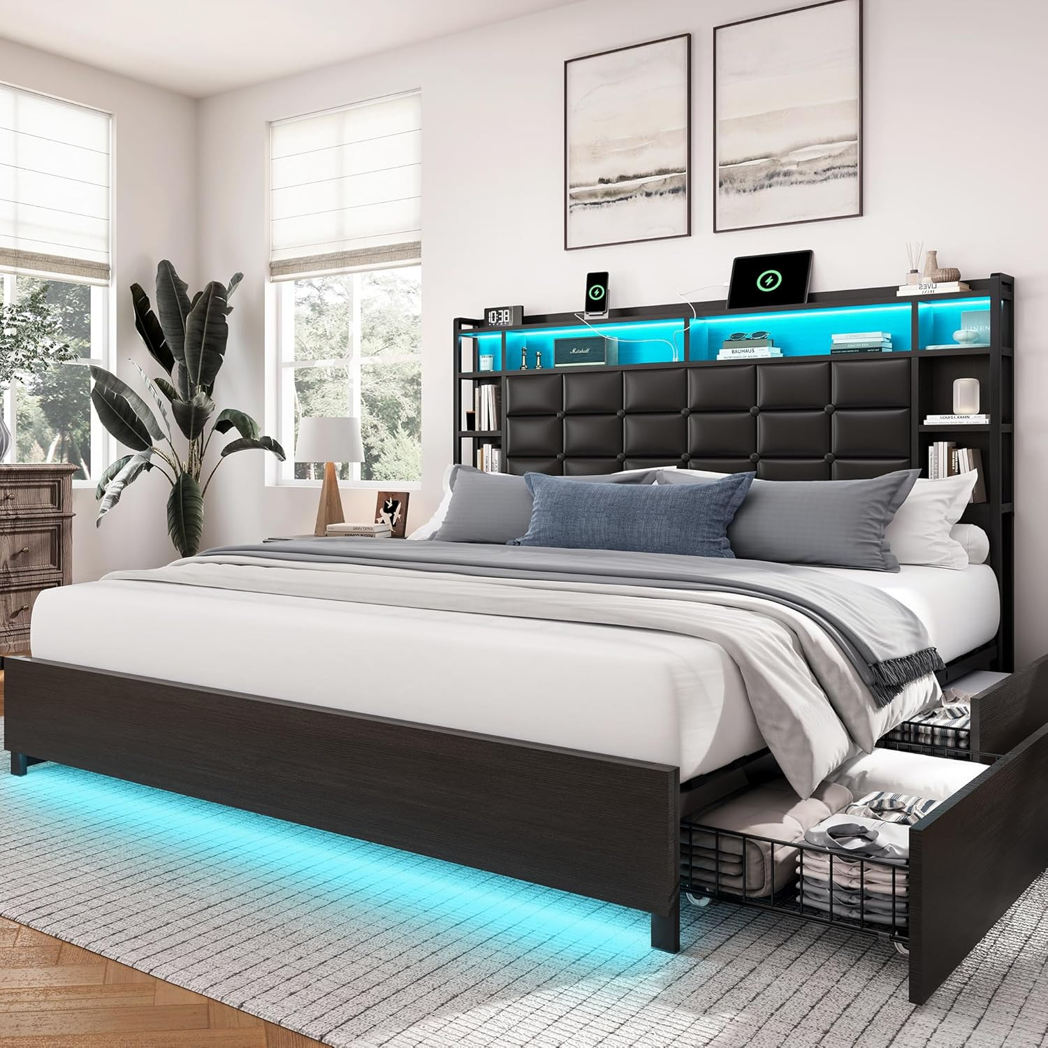 LARMACE Queen Size Bed Frame with 4 Storage Drawers and Bookcase Headboard, Faux