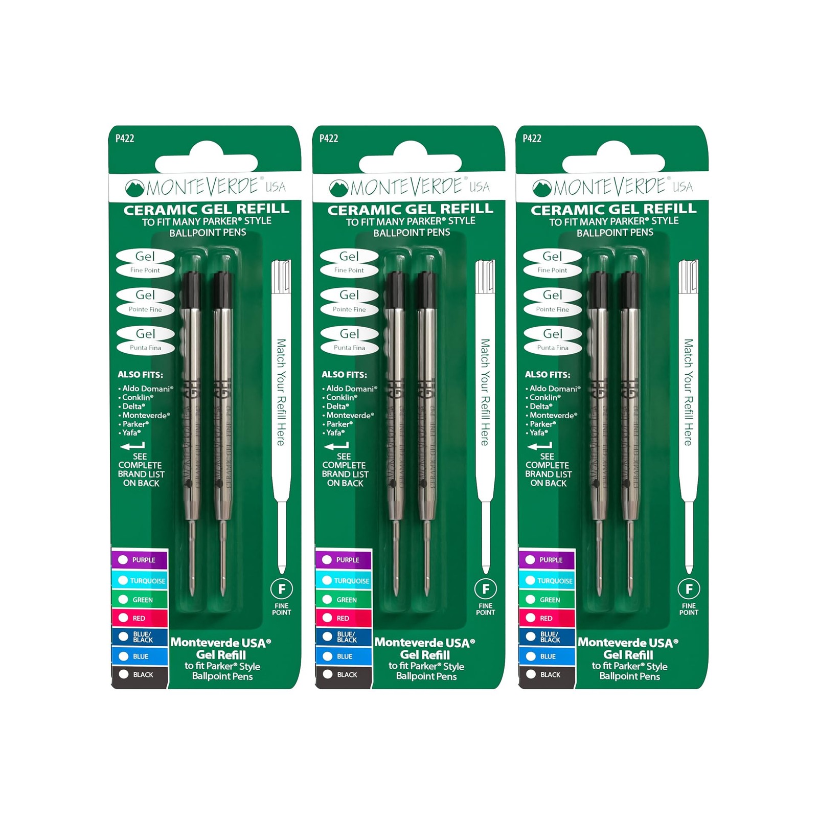 Monteverde Capless Ceramic Gel Refill to Fit Parker Ballpoint Pens, Fine Black (