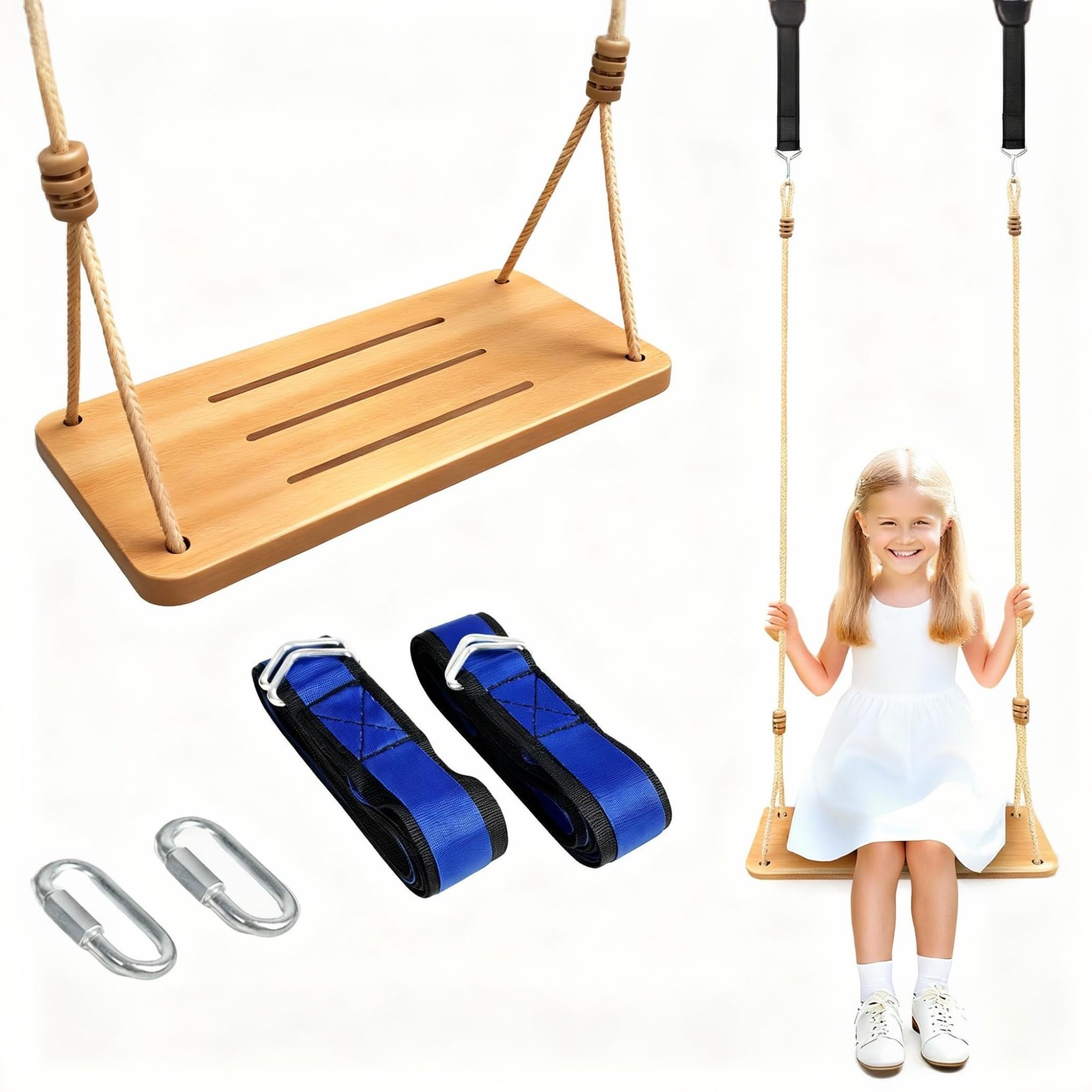 Bamboo Wooden Swing Seat 500LBS Heavy Duty Tree Swing Outdoor Indoor Kids Adults