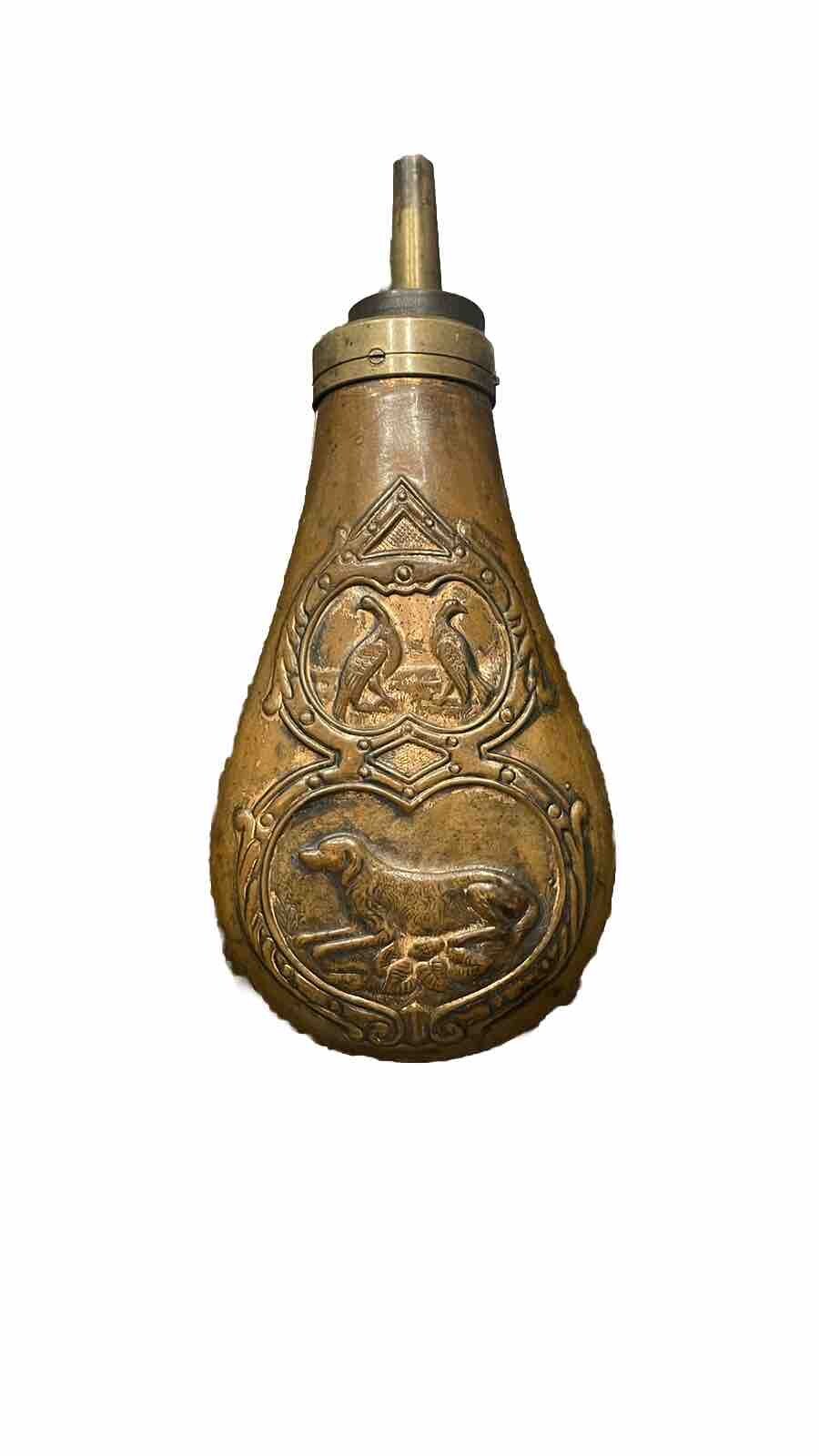 Replica Brass Black Powder Shot Flask Gun Embossed Hunting Dog Pheasants 1900s