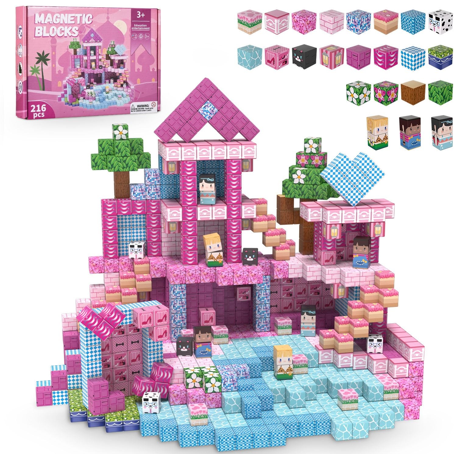 ADAH 216PCS Magnetic Building Blocks for Girls, Pink Princess STEM Toys for Ages