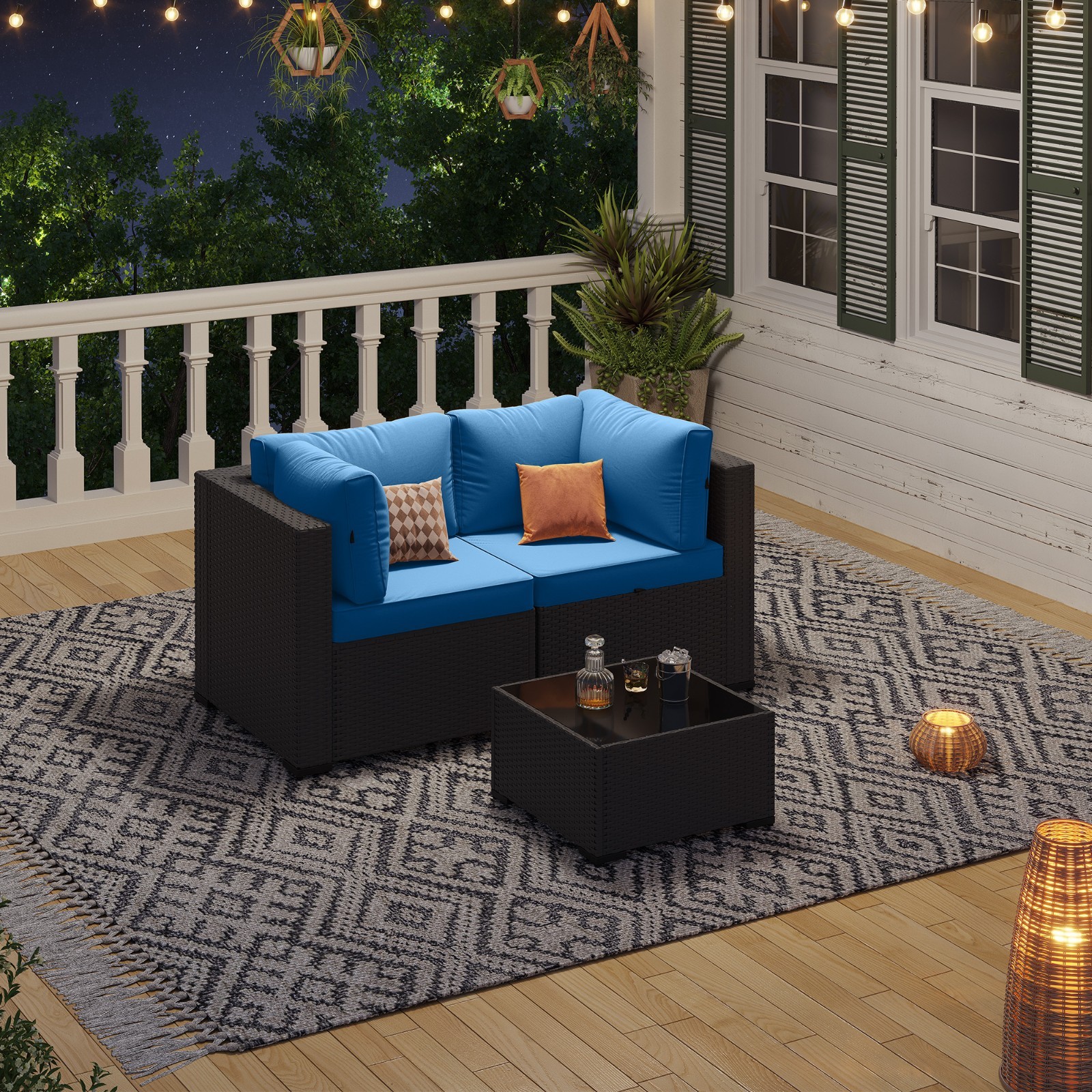 3-Piece Black Rattan Sofa Set Peacock Blue Cushions Coffee Table