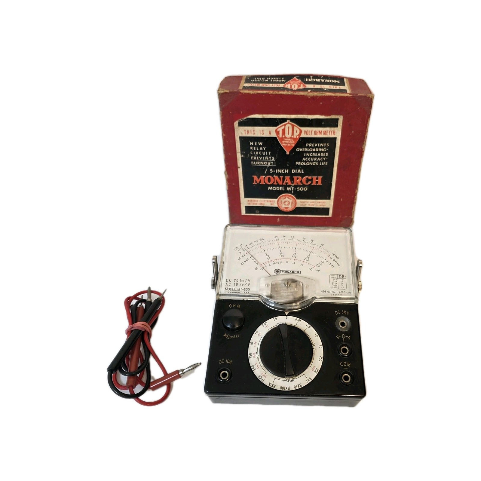 Monarch MT-500 Volt OHM Meter 5" Dial Leads Box Electronic Tester Japan VTG