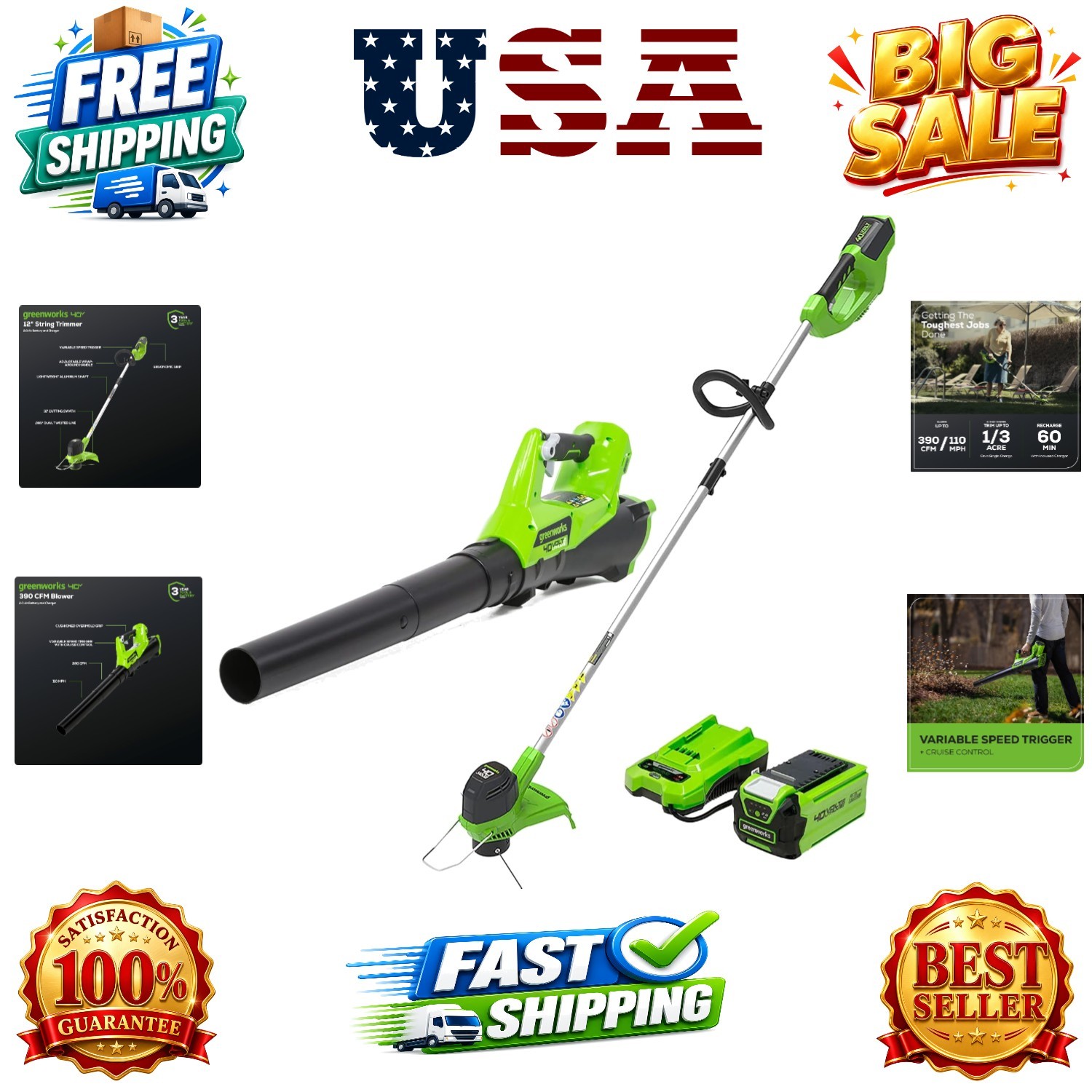 40V Cordless Yard Tool Combo Kit with 2.0Ah Battery & Charger – 12" Auto Feed...