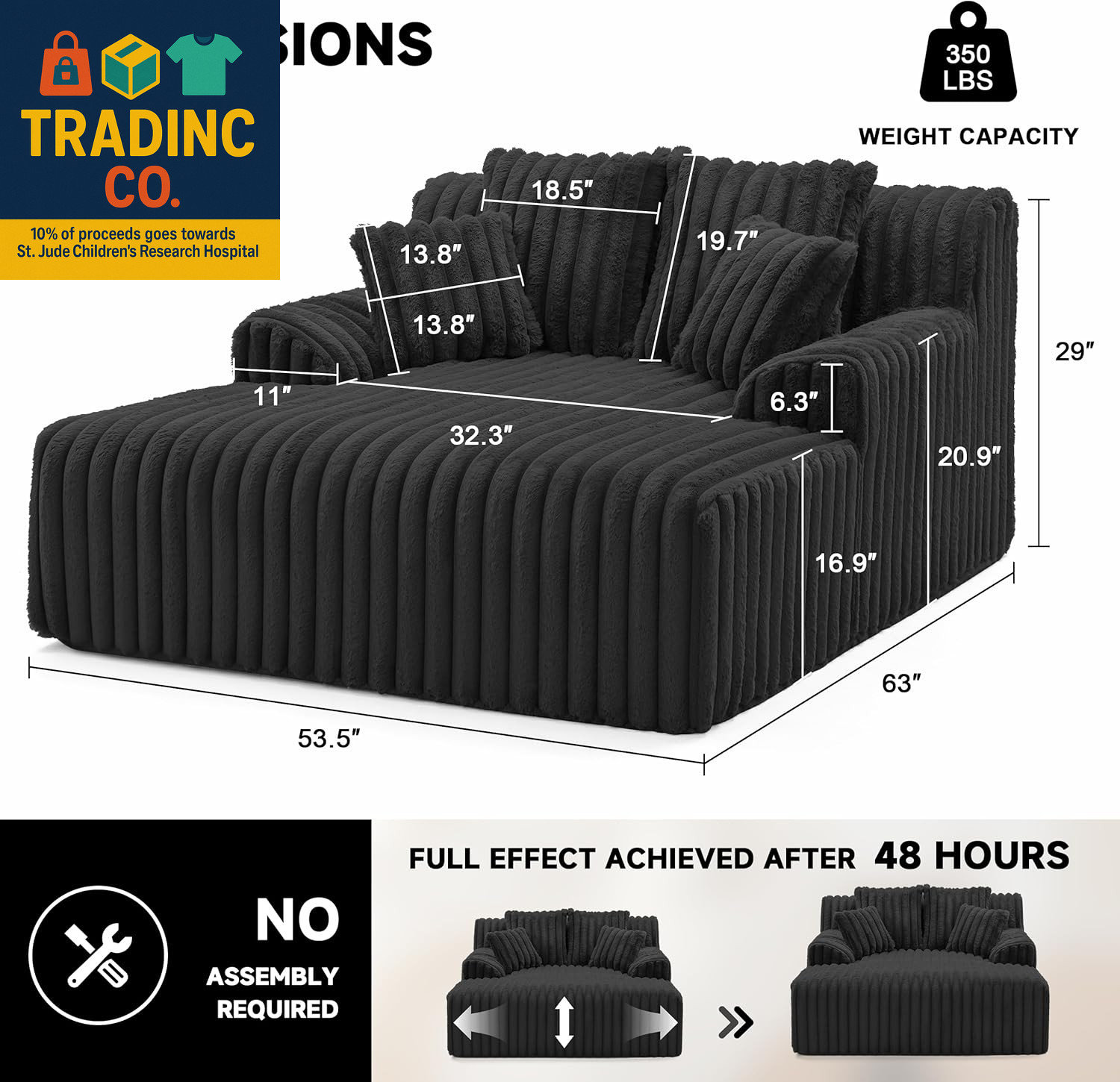 53.5”W Oversized Chaise Lounge Chair Indoor, Boneless Couch with 4 Pillows, Cozy