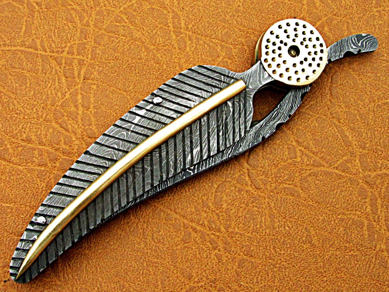 Damascus folding knife in exotic leaf shape engraved Damascus, Leather sheath