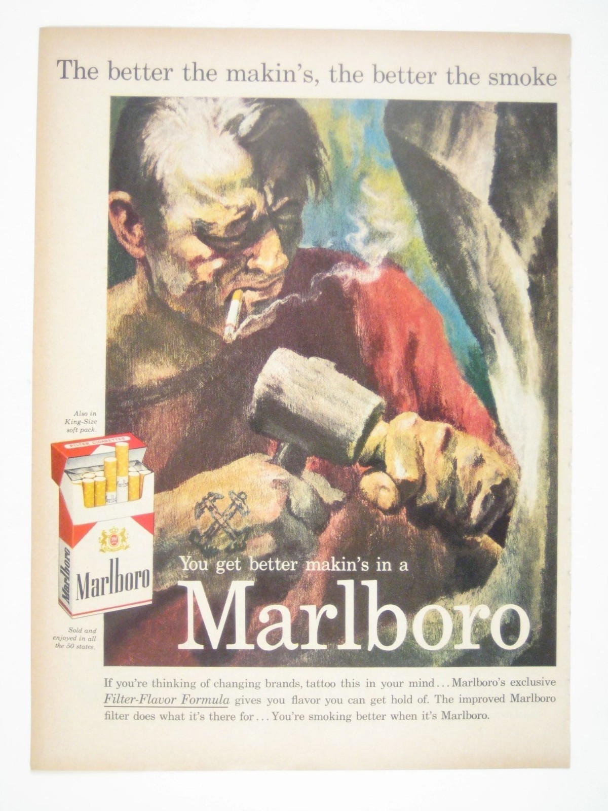 Vintage 1950s Marlboro Cigarette Print Advertisement Mid Century Miner