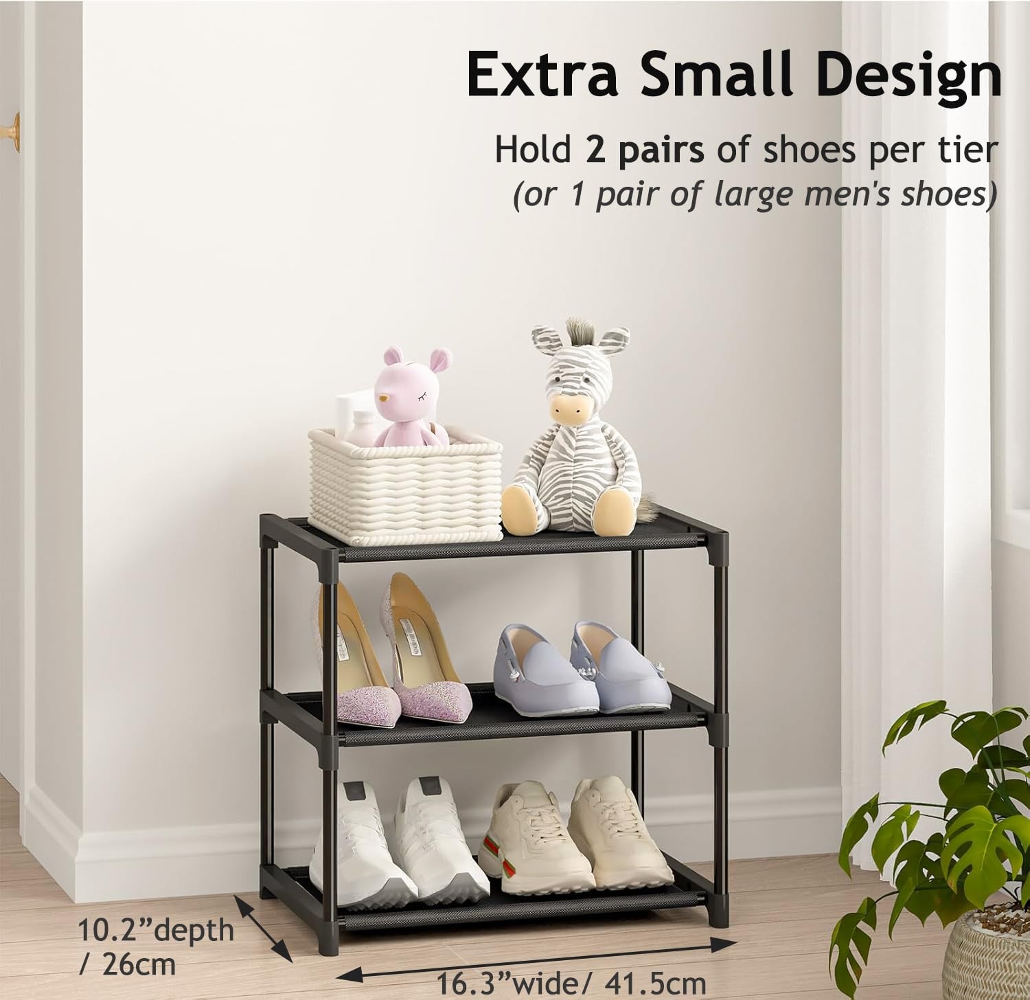 3 Tier Extra Small Shoe Rack (16.3" Wide), Narrow Stackable Shoe Shelf for Ki...