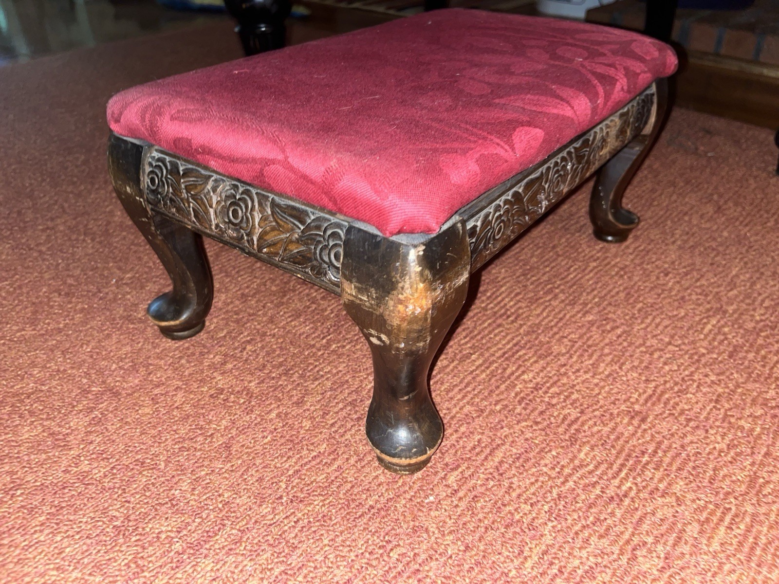 Vintage Red Queen Anne Style Footstool Antique Fabric Covered Handsome!
