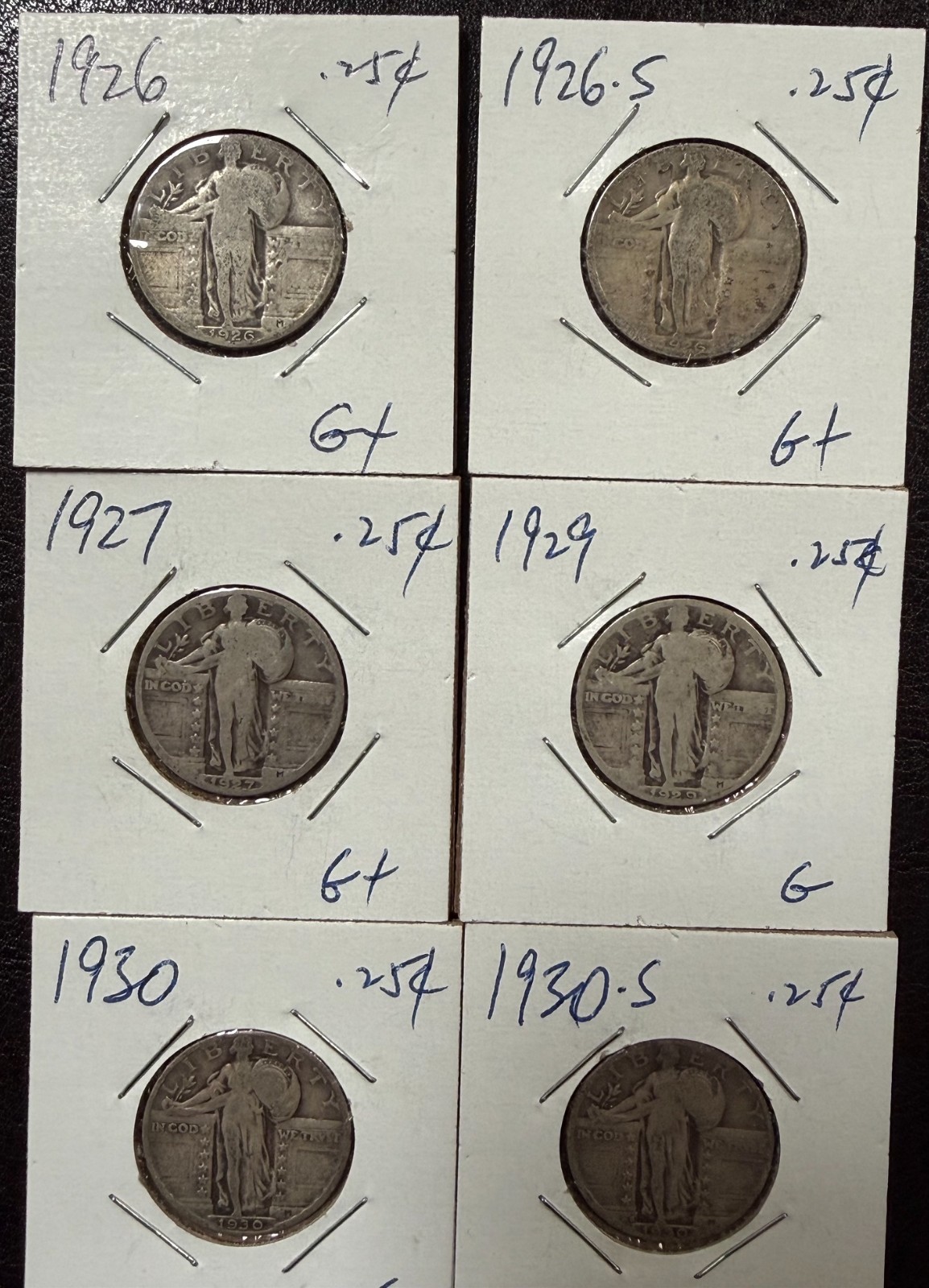 Lot of Six (6) Standing Liberty Quarter 1926-1930 90% Silver 25c-Circulated 1216
