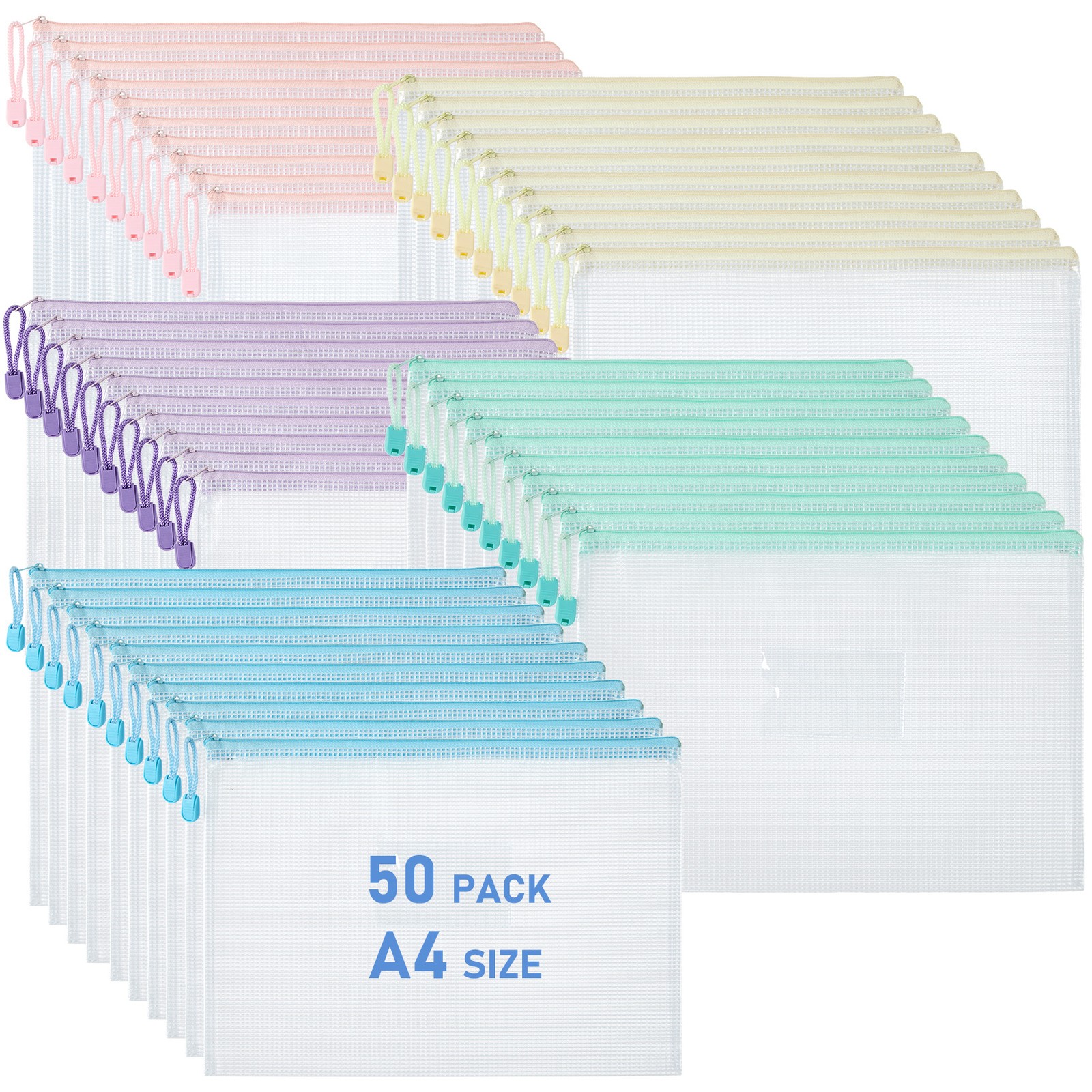 50 Pack A4 Letter Size Document Holders, Waterproof Mesh Zipper File Bags Office