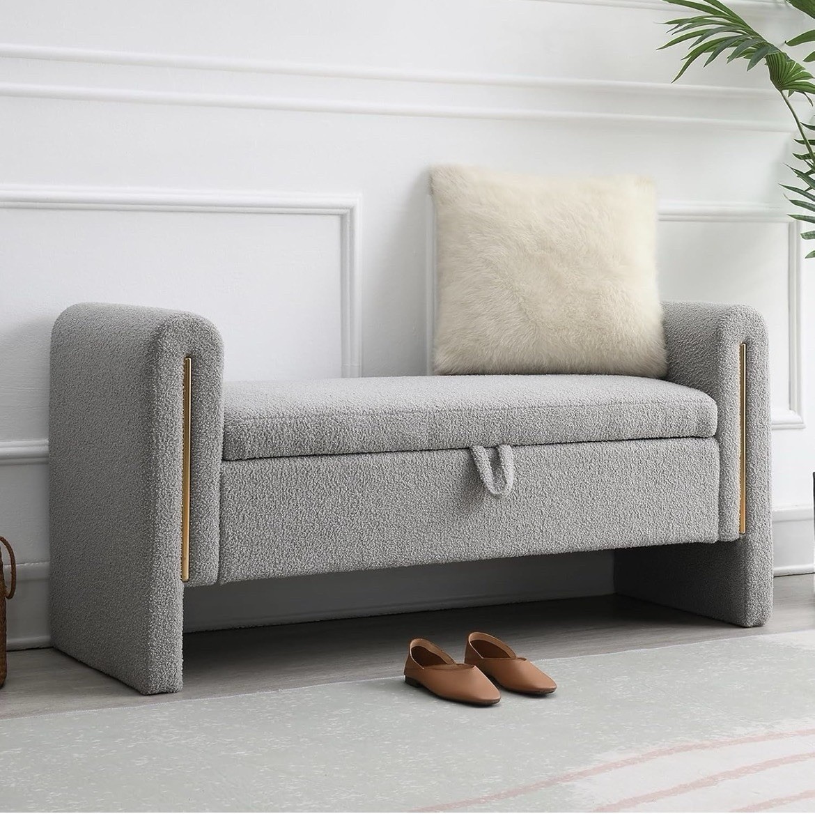NIOIIKIT 52" Storage Ottoman Bench, Teddy Upholstered Storage Bench with Armrest