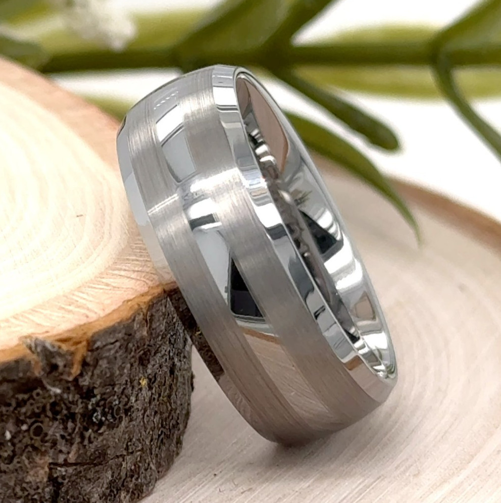 Thick Silver Tungsten Ring 8MM Brushed Stripes Band Dome Polished Edges Band
