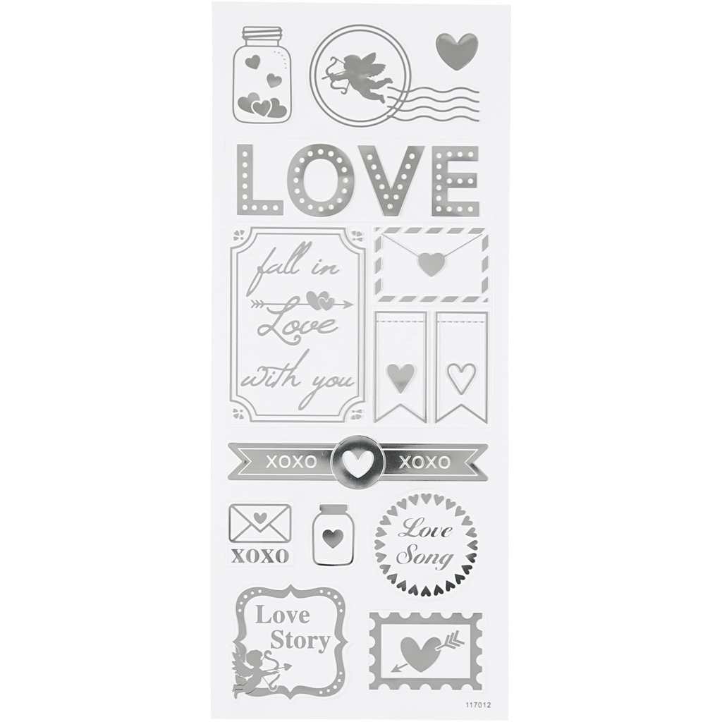 Stickers Love, sheet 10x24 cm, approx. 14 pc, silver, love, 1sheet