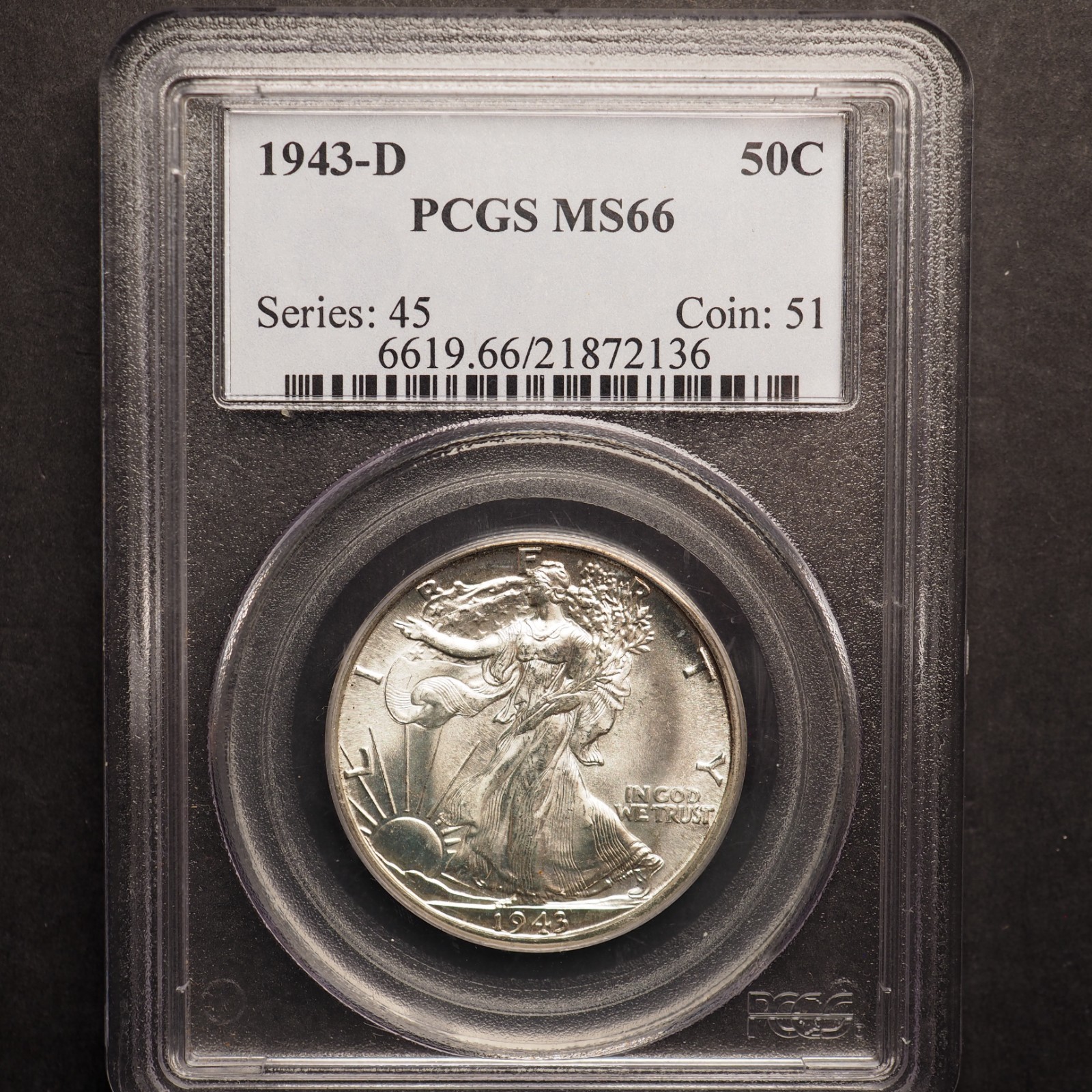 1943 *D* WALKING LIBERTY SILVER HALF DOLLAR**PCGS MS66 **FREE SHIPPING! G1917