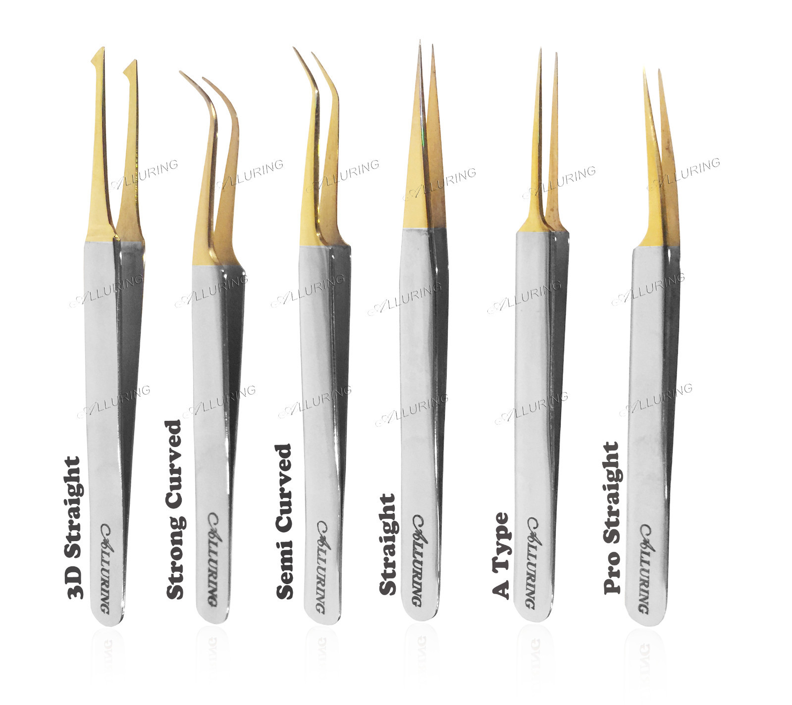 Alluring Eyelash Extensions Chrome with Gold Tip Tweezers