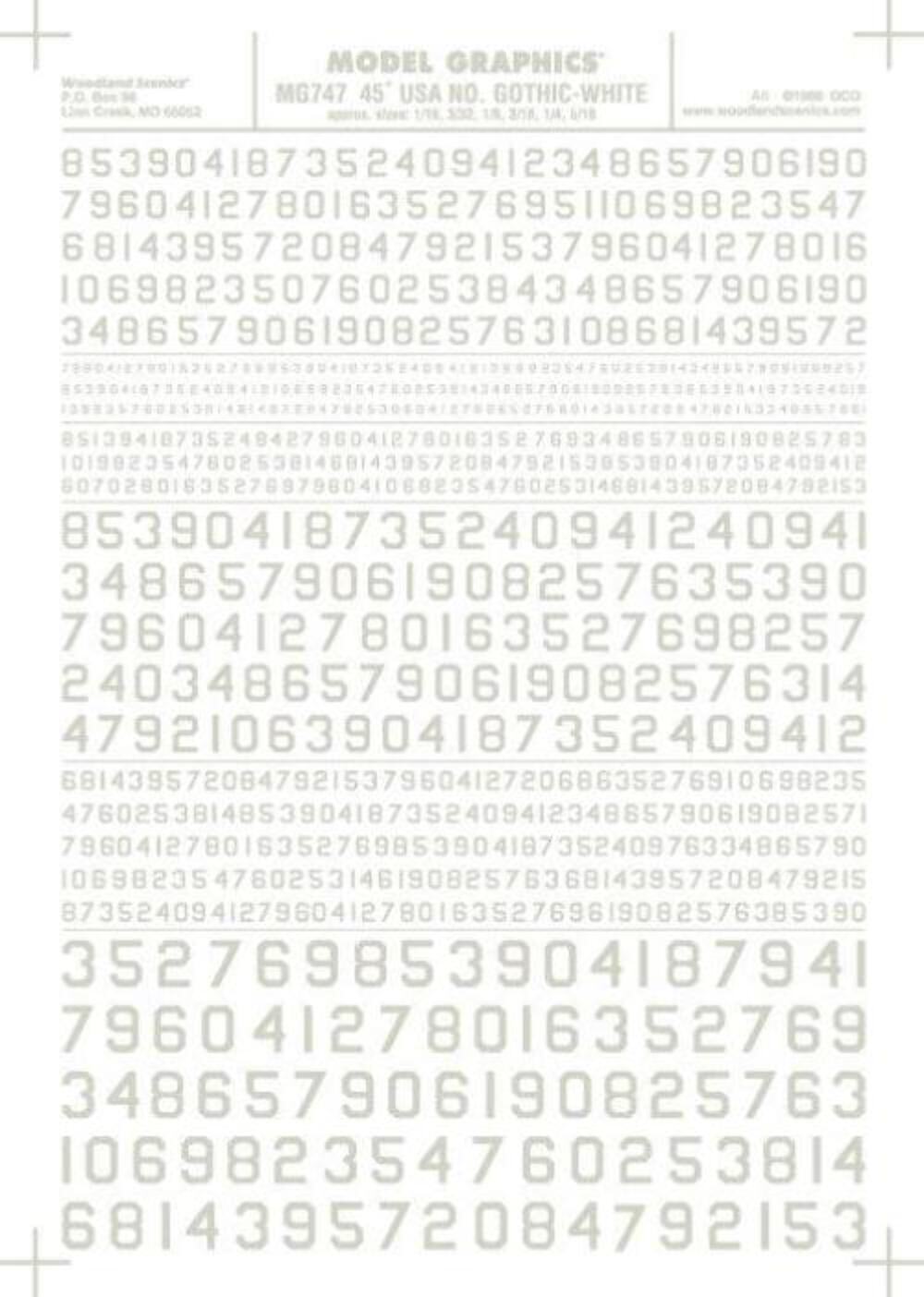 NEW Woodland Train Decal Sheet 45 Deg USA Gothic Num Wht 1/16-5/16 MG747