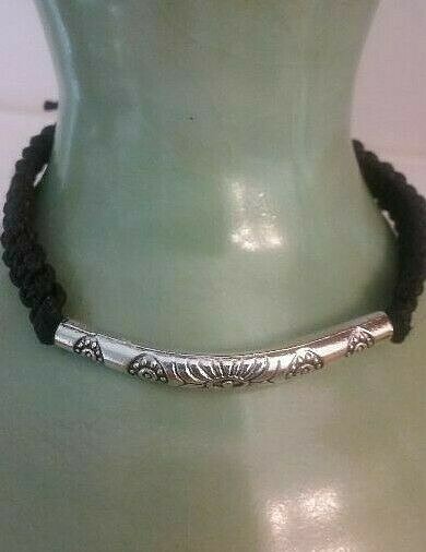Black Macramé and Silver Bar Bracelet