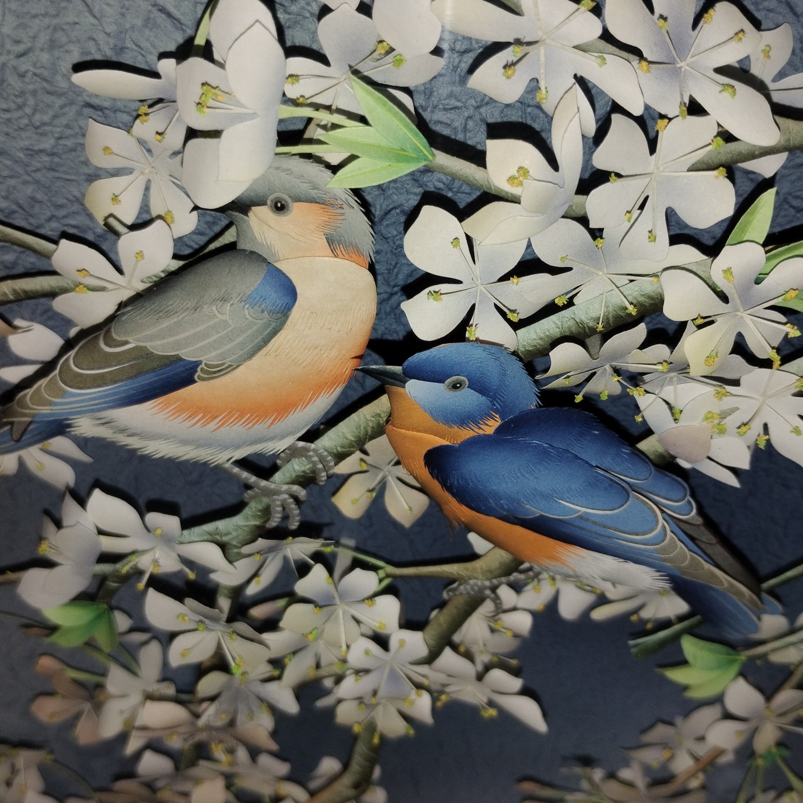 Vtg Paper & Feather Art. Unique, Original. Eastern Bluebirds On Dogwood Blossoms