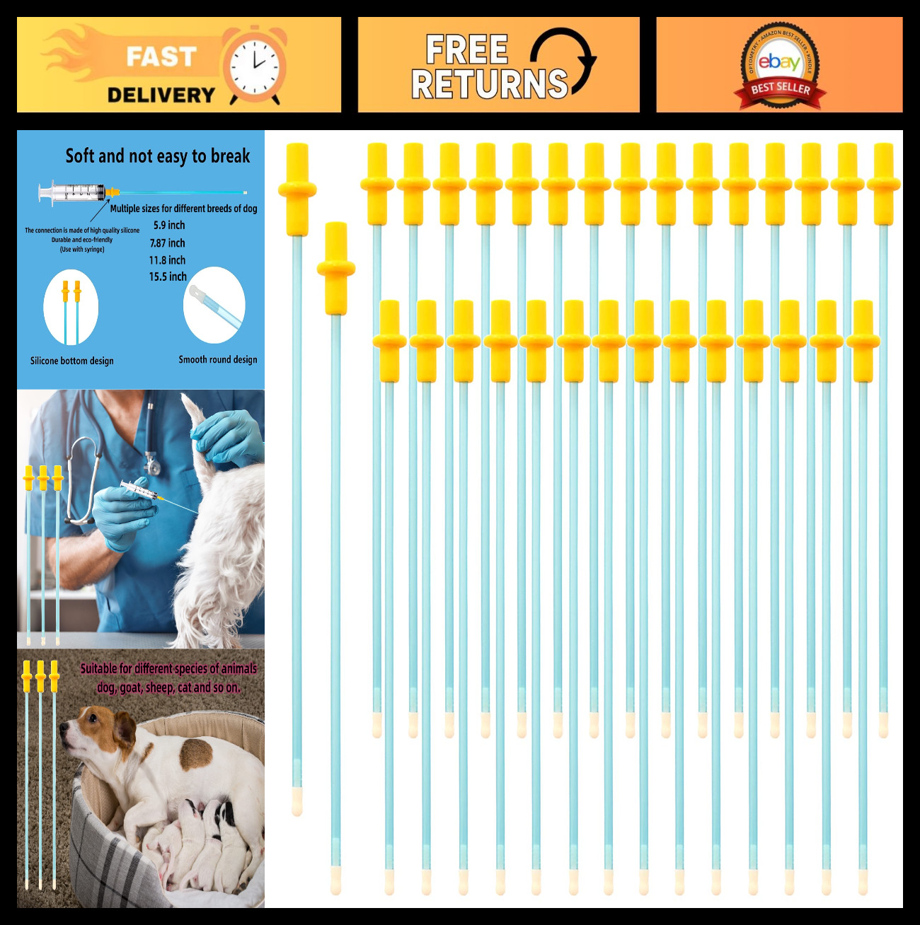 50 Pcs Disposable Breeding Rods for Dogs, Cats, Goats, Sheep - 15.5" Breeding Tu
