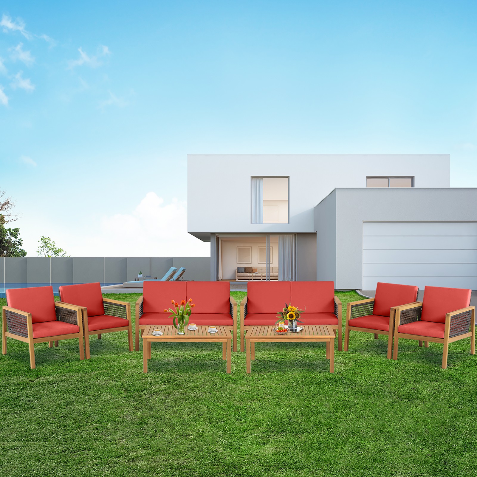 8PCS Patio Acacia Wood Furniture Set PE Rattan Conversation Set w/ Red Cushions