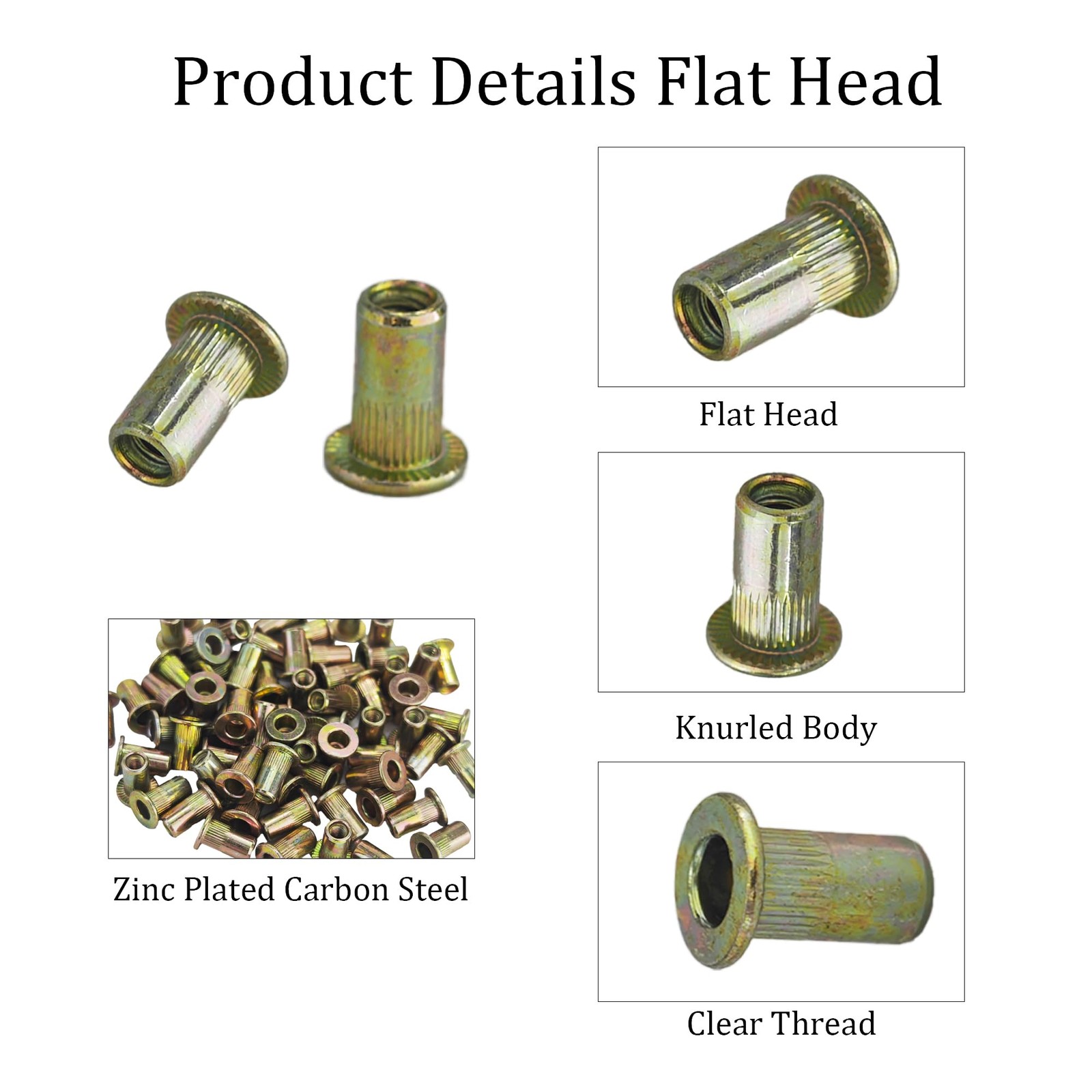 100 PCS M3 Rivet Nuts Zinc Plated Carbon Steel Threaded Insert Flat Head Kit