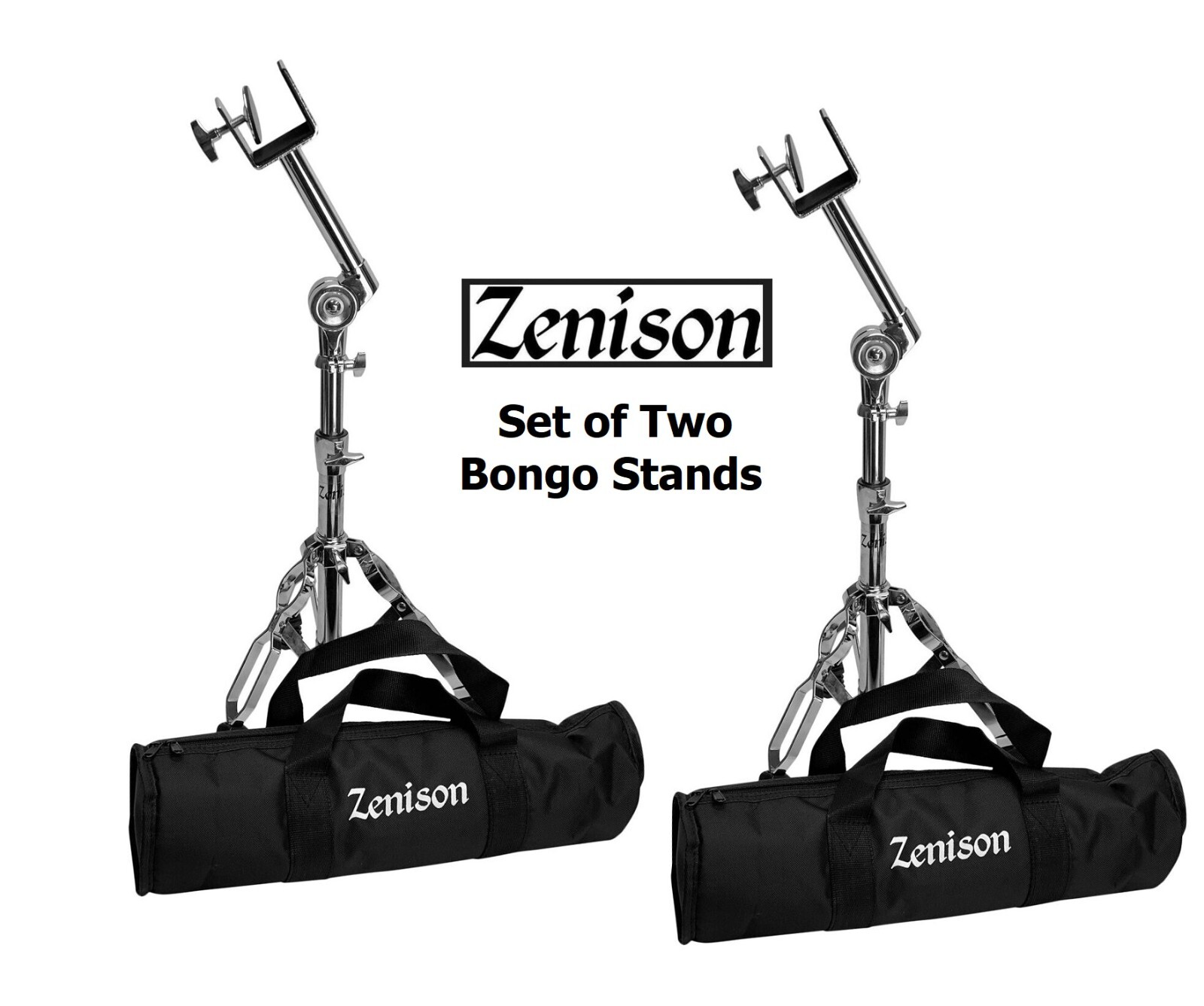Set of 2 Zenison Double Braced Bongo Stands Gig Bag Height Adjustable Heavy Duty