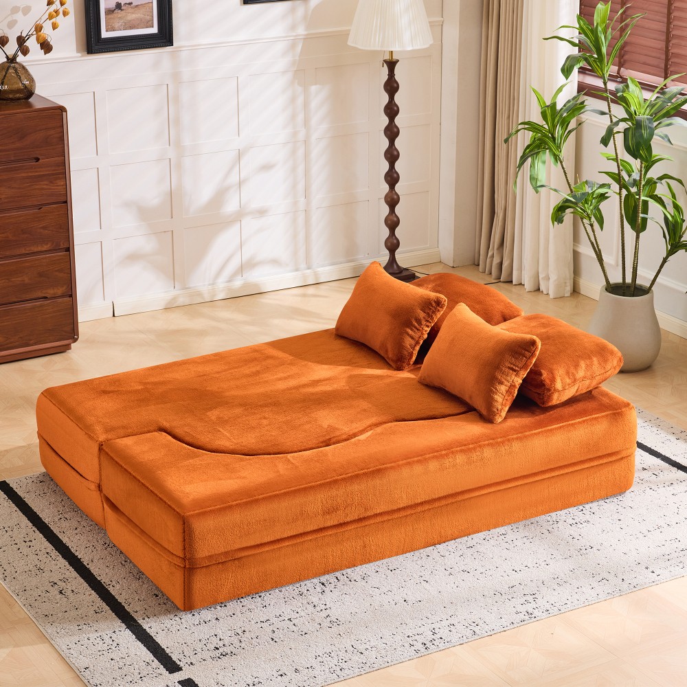 Folding Sofa Bed, Plush Orange Futon Mattress, High Density Foam