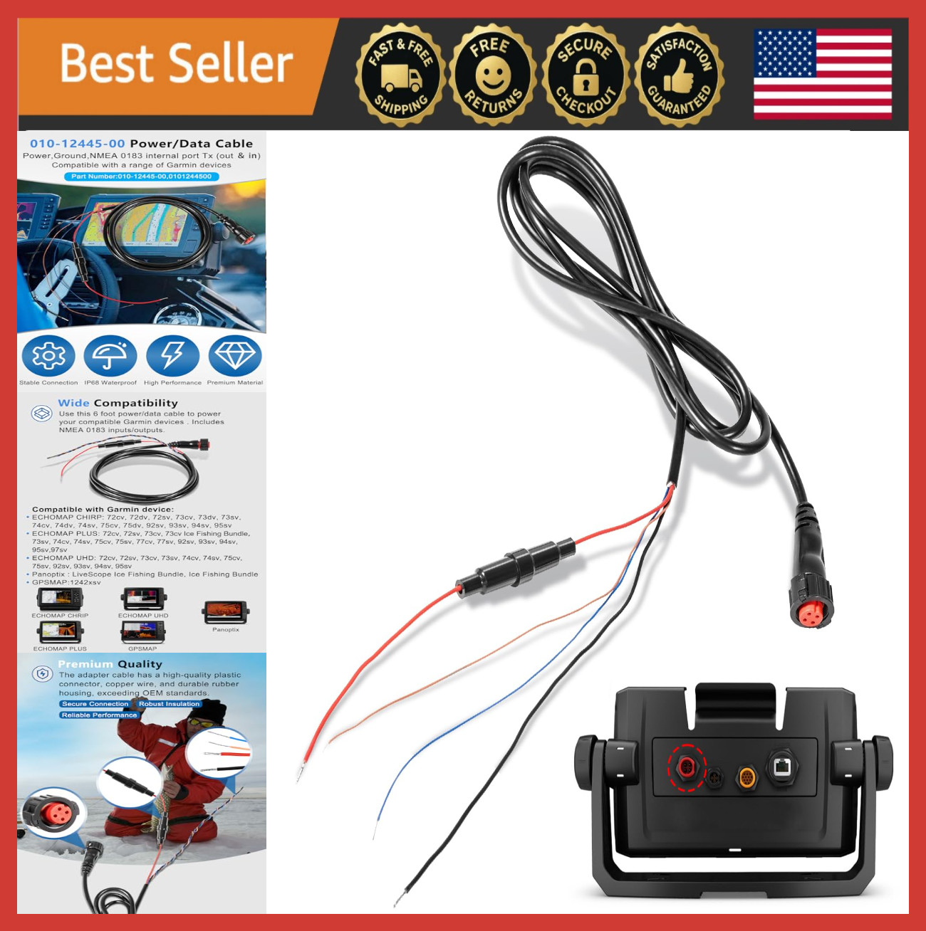 4-Pin Power/Data Cable for echoMAP, GPSMAP, Panoptix - Threaded, Upgraded Versio