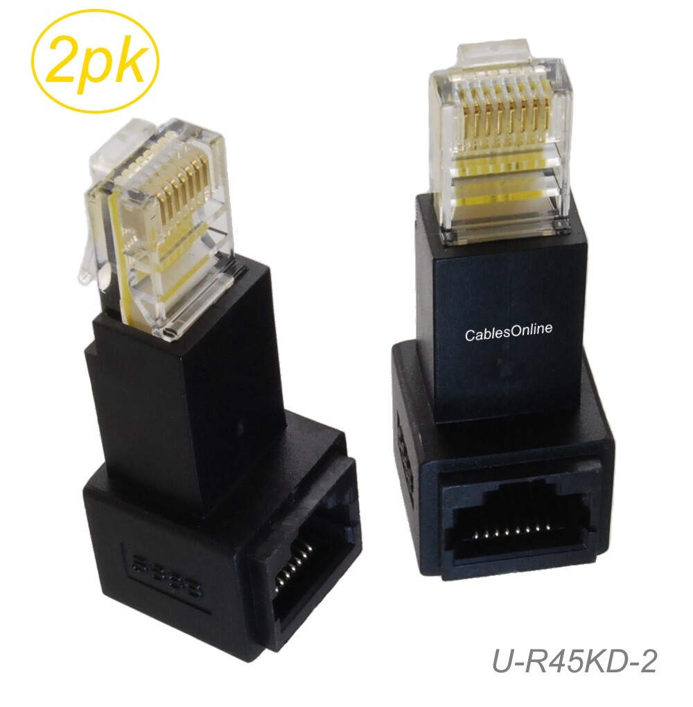 2-Pack, RJ45 Cat5e/Cat6 Male/Female 90° Right Angle Black Adapters, U-R45KD-2