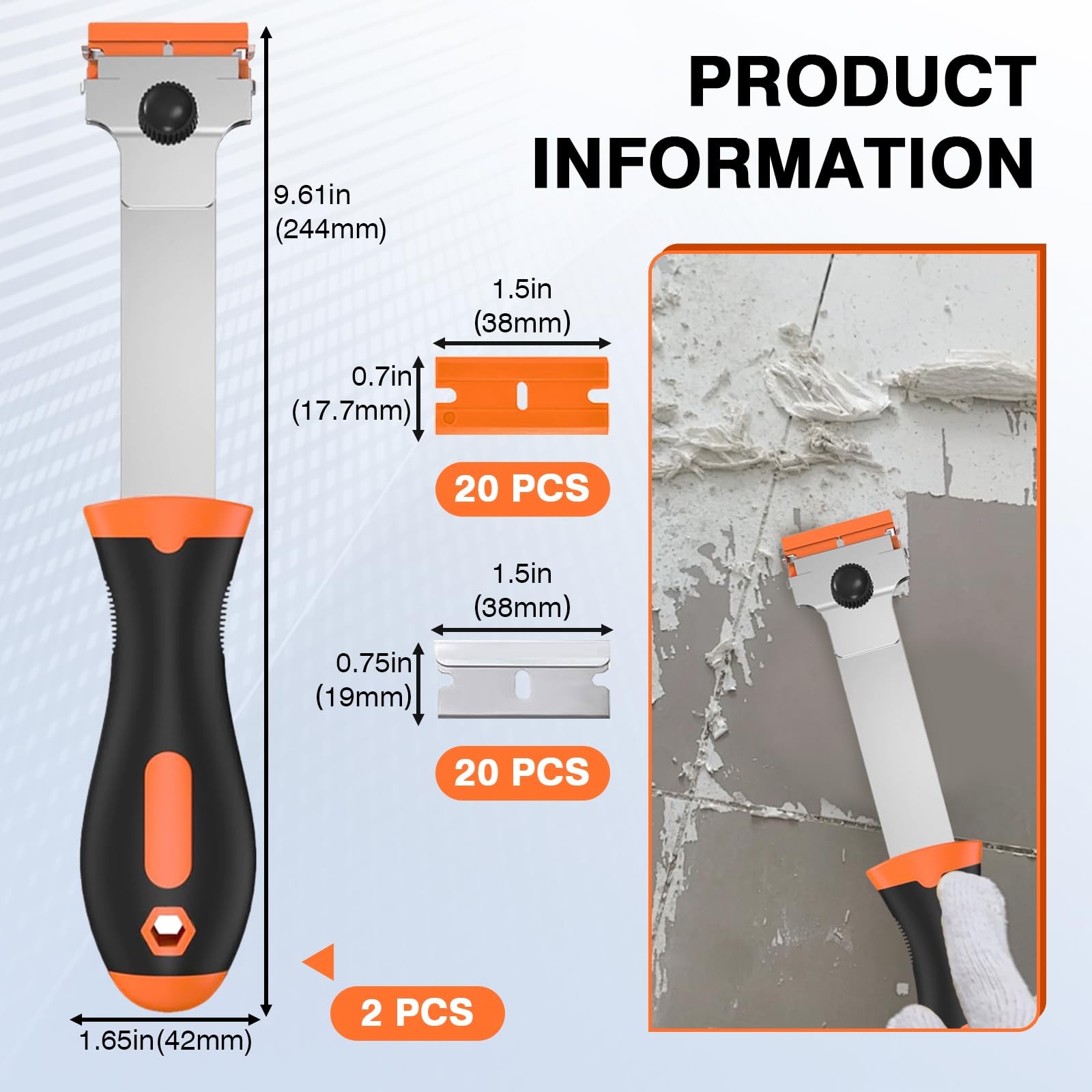 2 Pack Razor Blade Scraper Tool with 20 Metal & 20 2Pack+40Pcs, Orange