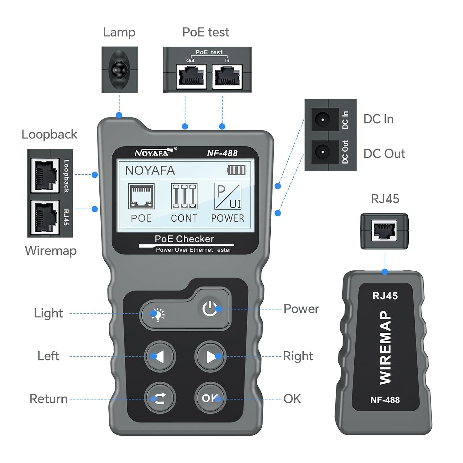 Efficient PoE Tester for DC Power, Voltage & Network Cable Testing - 4 x 1.5 in