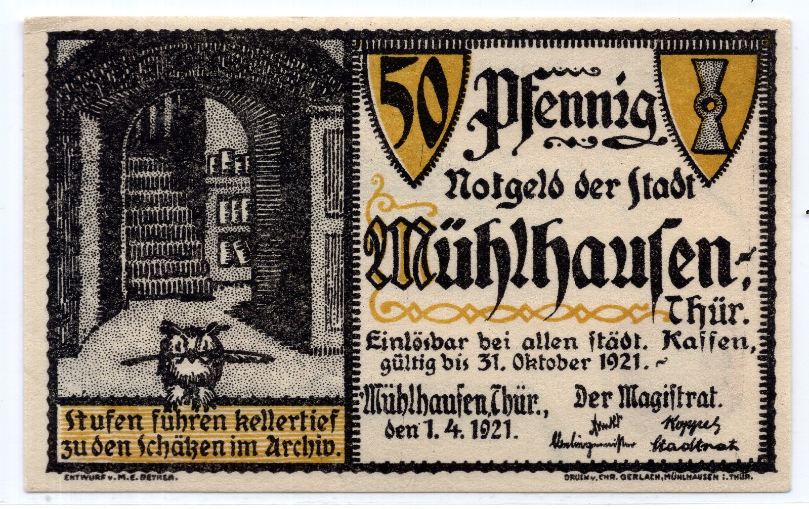 1921 Germany Muhlhausen Notgeld 50 Pfennig Note (2477)