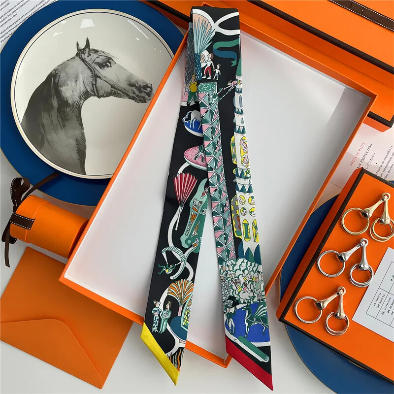 Luxury Silk Skinny Scarf Fashion Bag Handle Ribbon Horse Print Headband Small