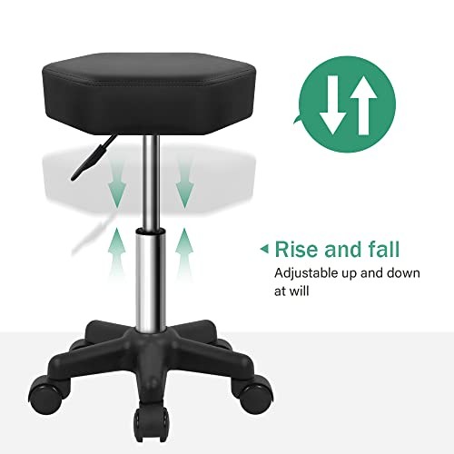 Hexagon Rolling Stool Height Adjustable Stool with Wheels for Spa Salon Black