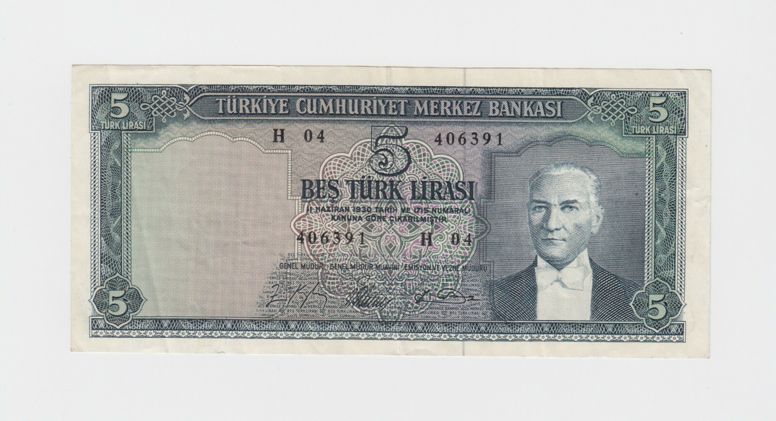TURKEY P.174-6391  5 LIRA (1965) PFX H  VERY FINE  LOW SHIPPING  2112