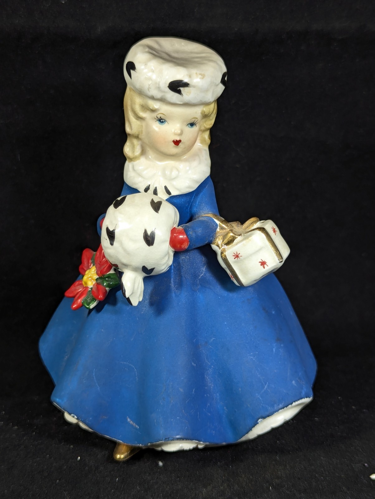 Vintage Napco X6542 Christmas Planter Shopper Girl Blue w/Gift Muff Japan 1950’s