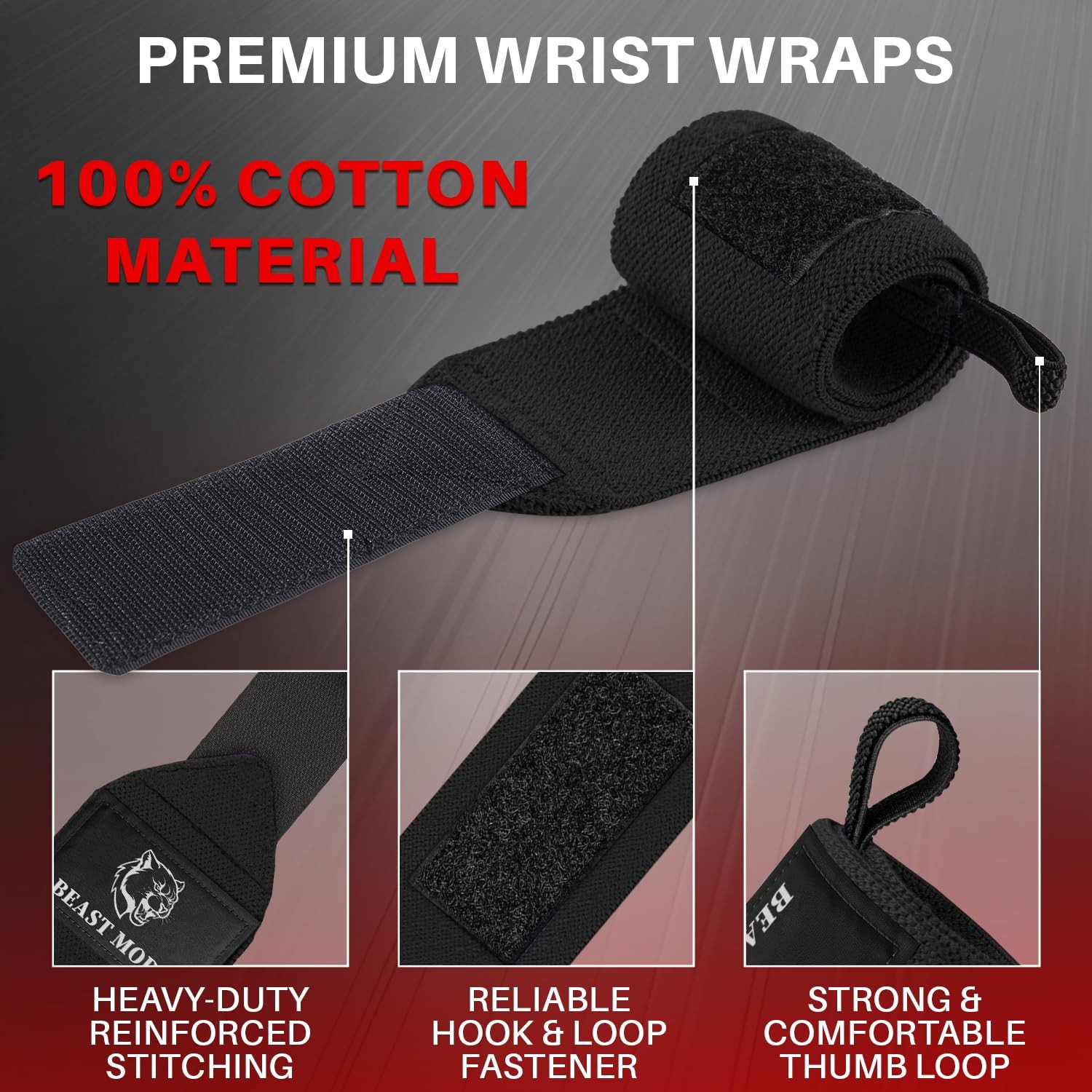Weightlifting Wrist Wraps with Thumb Loop – Black – Beast Mode – 12 inch – He...