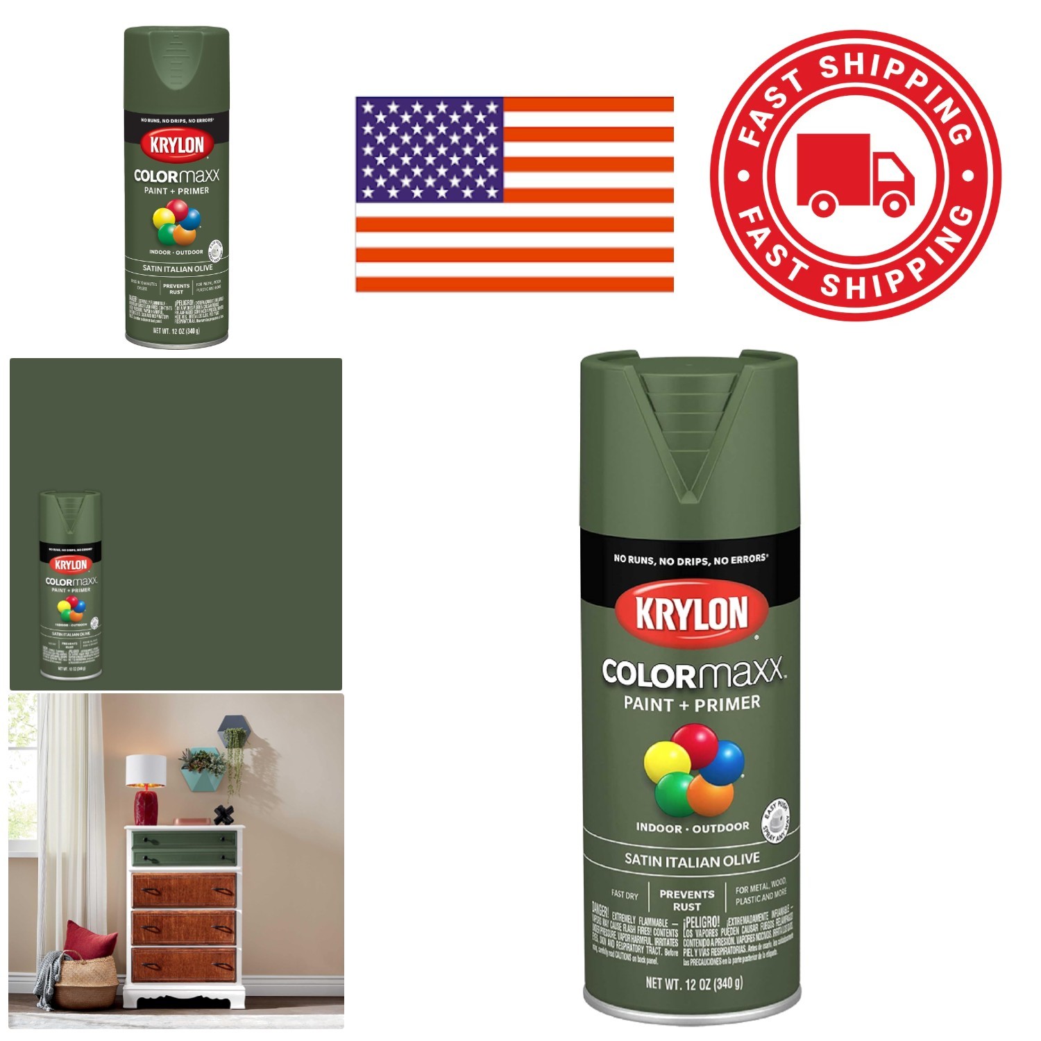Aerosol Spray Paint and Primer 12 Ounce Satin Italian Olive Green for Home Decor