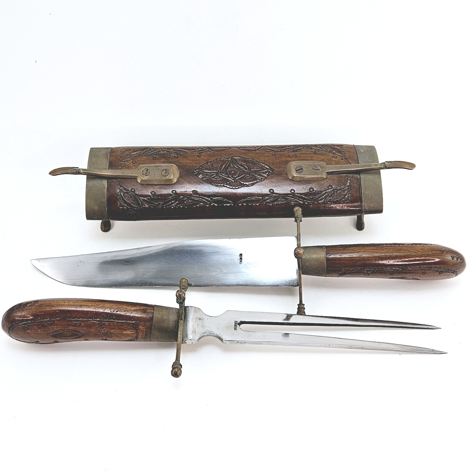 Vintage India Knife & Fork Carving Set Wood Handle & Sheath Brass Hardware