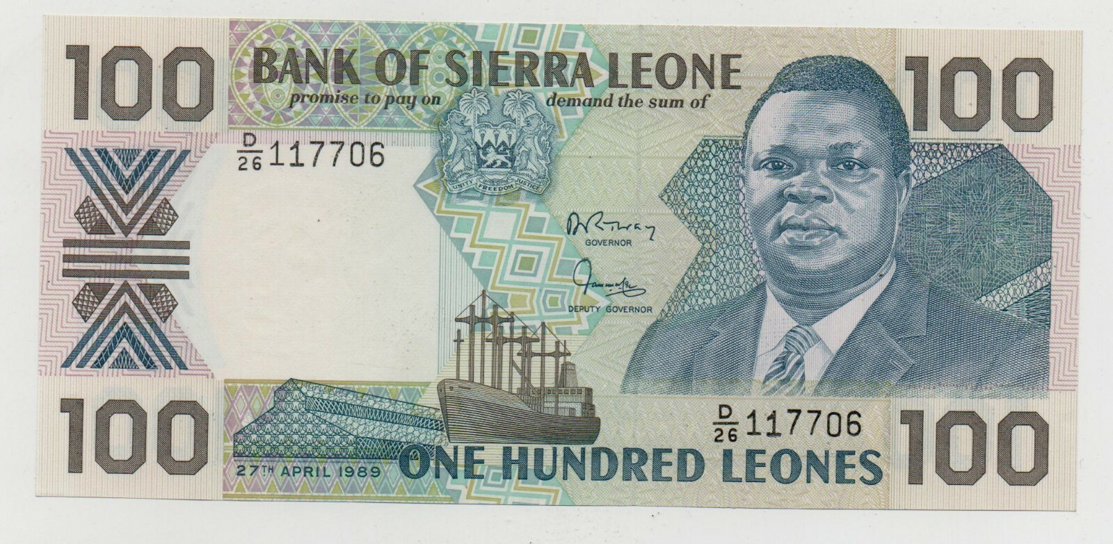 SIERRA LEONE 100 LEONES 1988 PICK 18 UNC