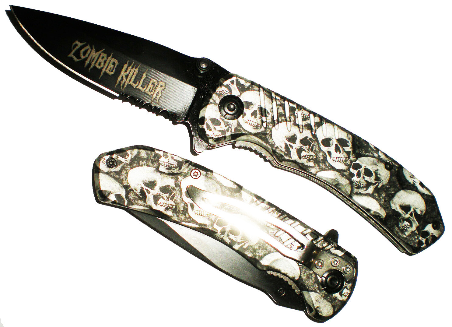BLACK Skull ZOMBIE KILLER GRIP HANDLE ASSISTED OPENING POCKET KNIFE