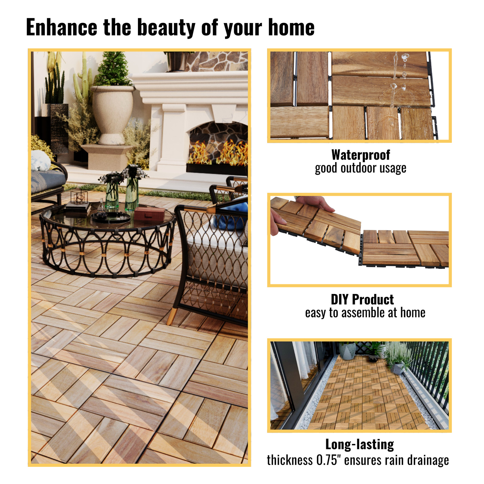 20 PCS Interlocking Deck Tiles Checker Pattern, 12" x 12" Square Yellow Acacia