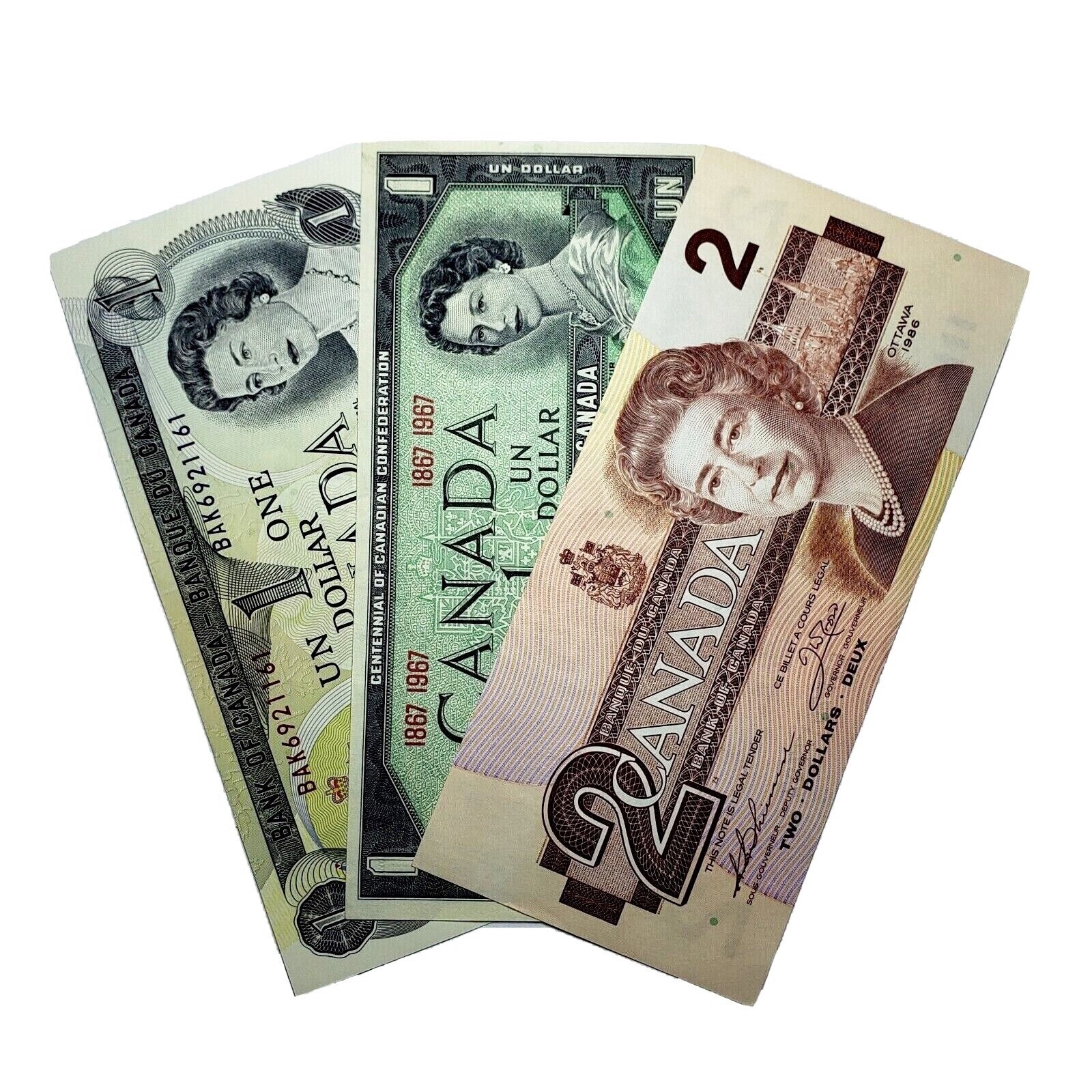 Canada 1967 - 1973 - 1986 Set of 3 Crisp UNC Uncirculated $1 & $2 Bills!!