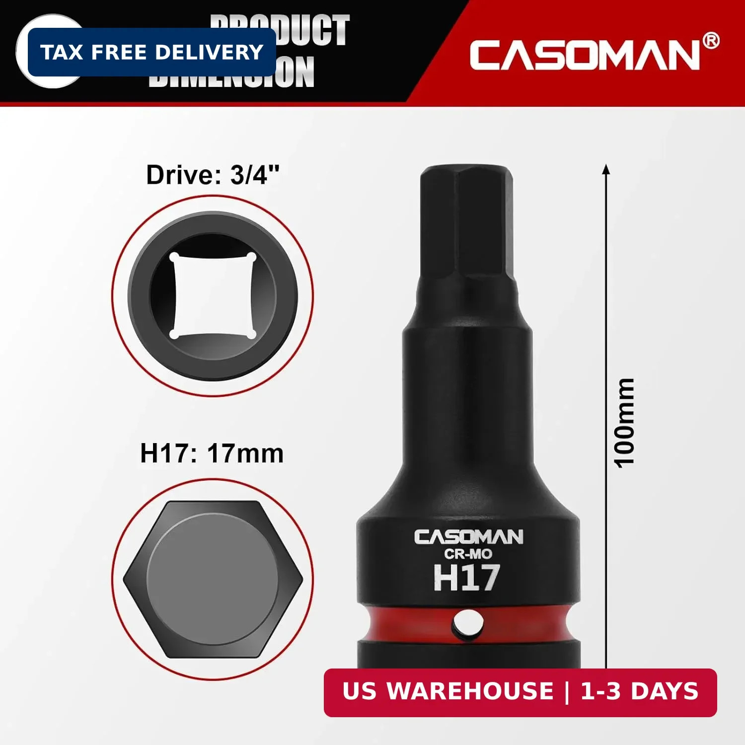 CASOMAN 3/4" Drive Large 17mm Impact Hex Bit Socket, One-Piece H17 Allen Socket