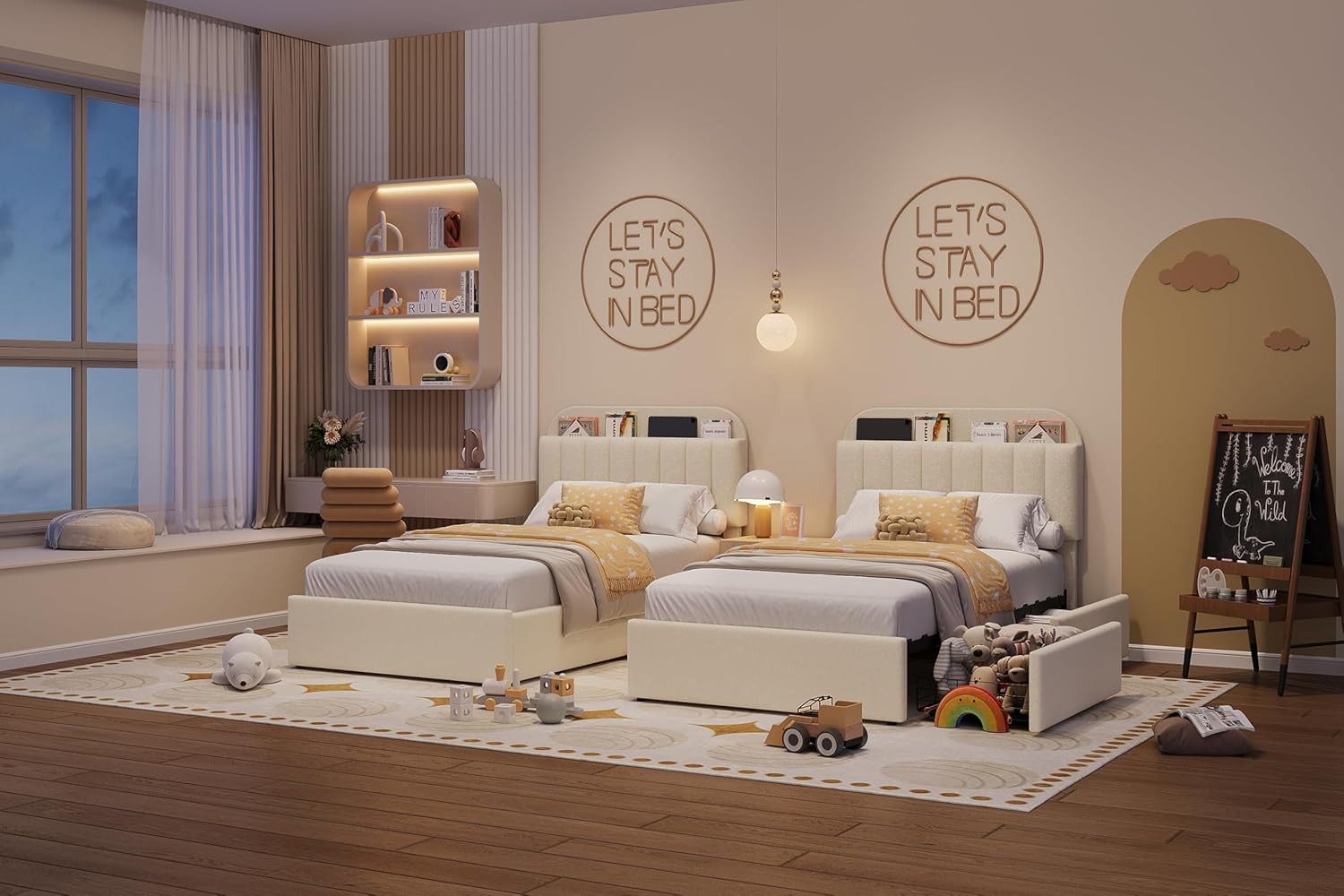 Beige Twin Size Bed Frame Upholstered Platform Bed with Headboard & 2 Drawers