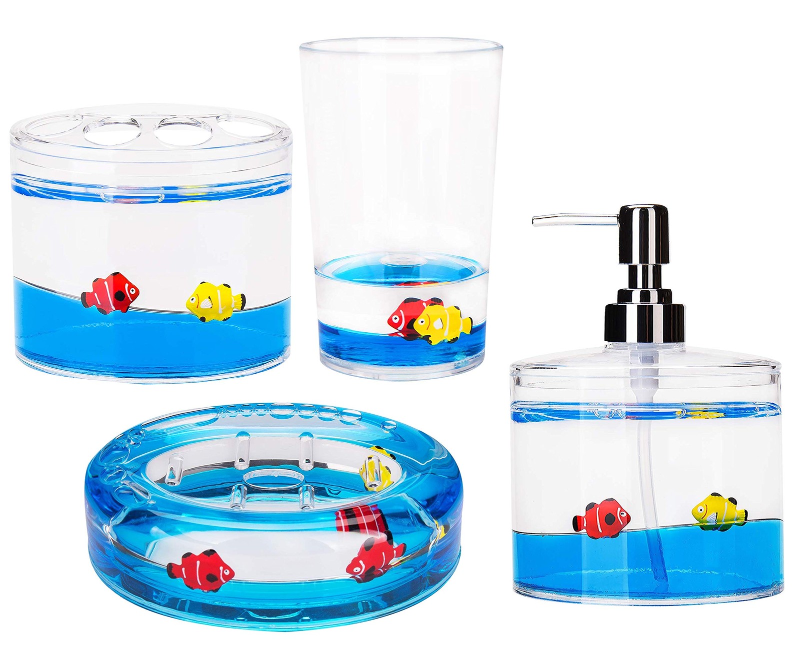 4 Piece Acrylic Liquid 4D Floating Motion Bathroom Vanity Accessory Set Ocean...