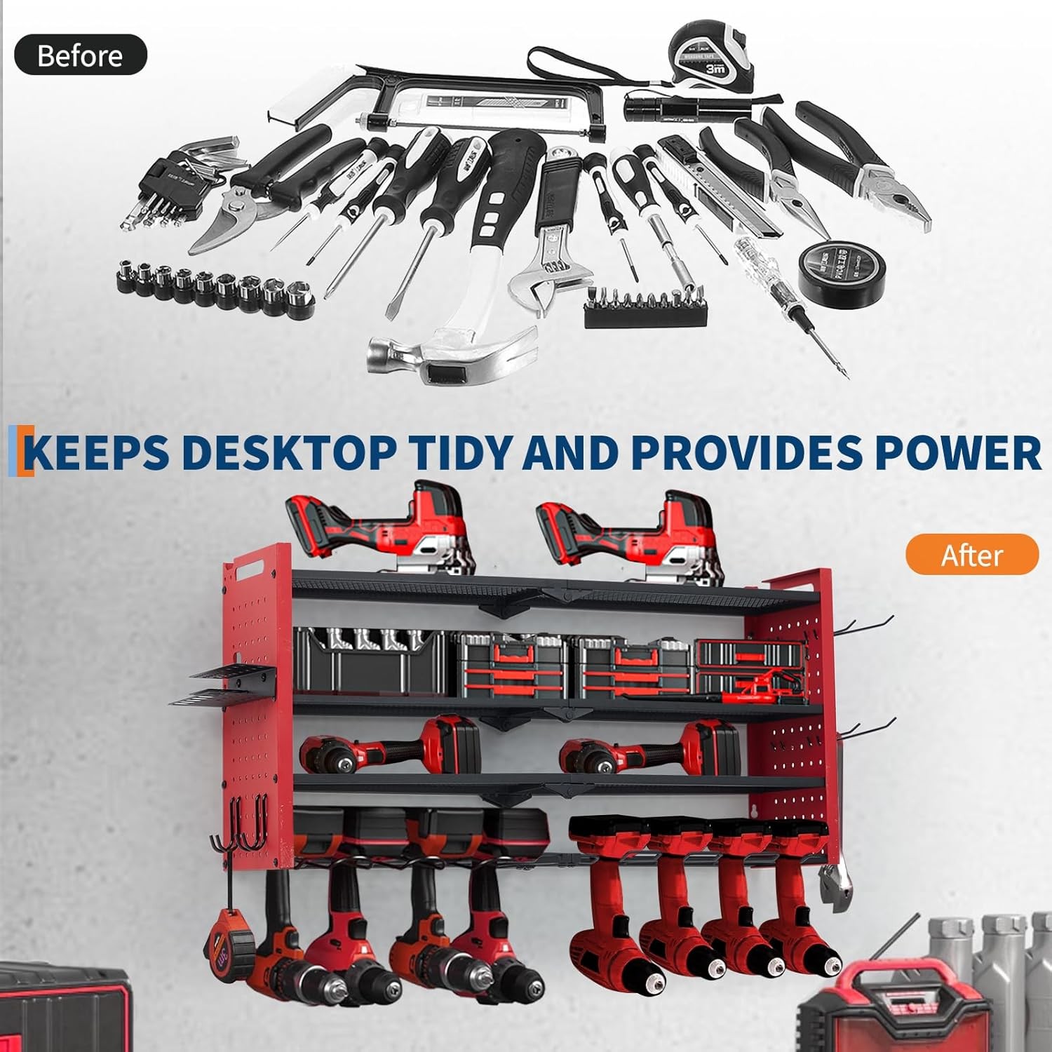 Power Tool Organizer Wall Mounted 4-Layer Drill Storage Rack w/ 8 Drill Holders