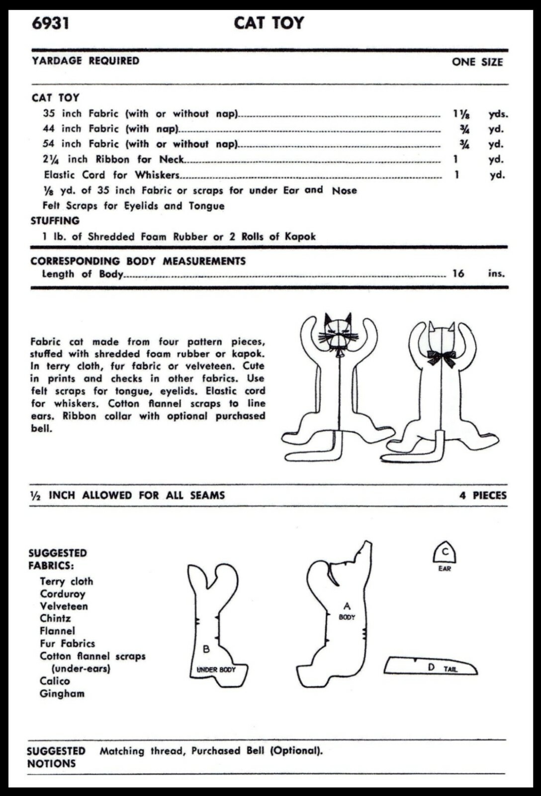 Advance #6931 Fabric Sewing Pattern Sleeping Kitten CAT Kitty Stuffed Animal Toy