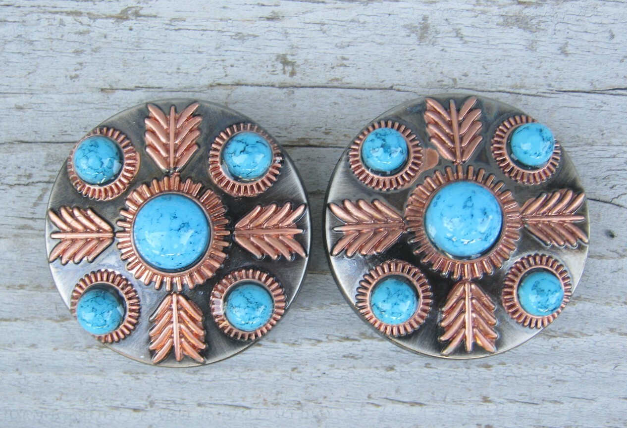 Feathered Turquoise Concho Chicago Screw Copper Feather Set of 2 Pair 1" 1-1/2"